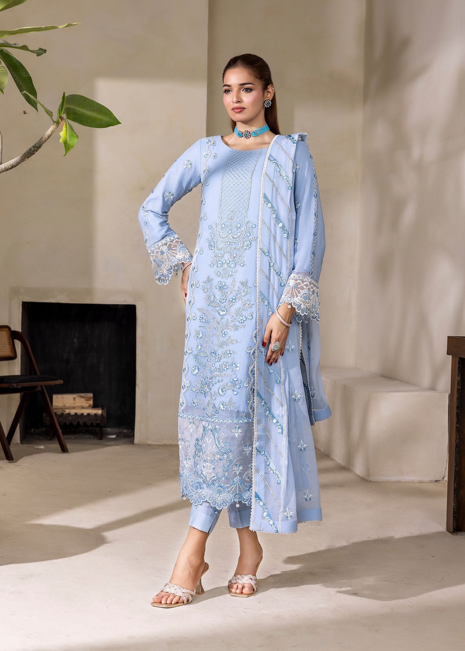 chiffon silk Kurta Set in Powder blue