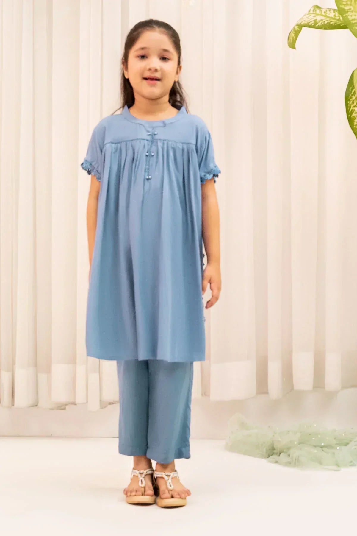 linen Short Frock in Powder blue