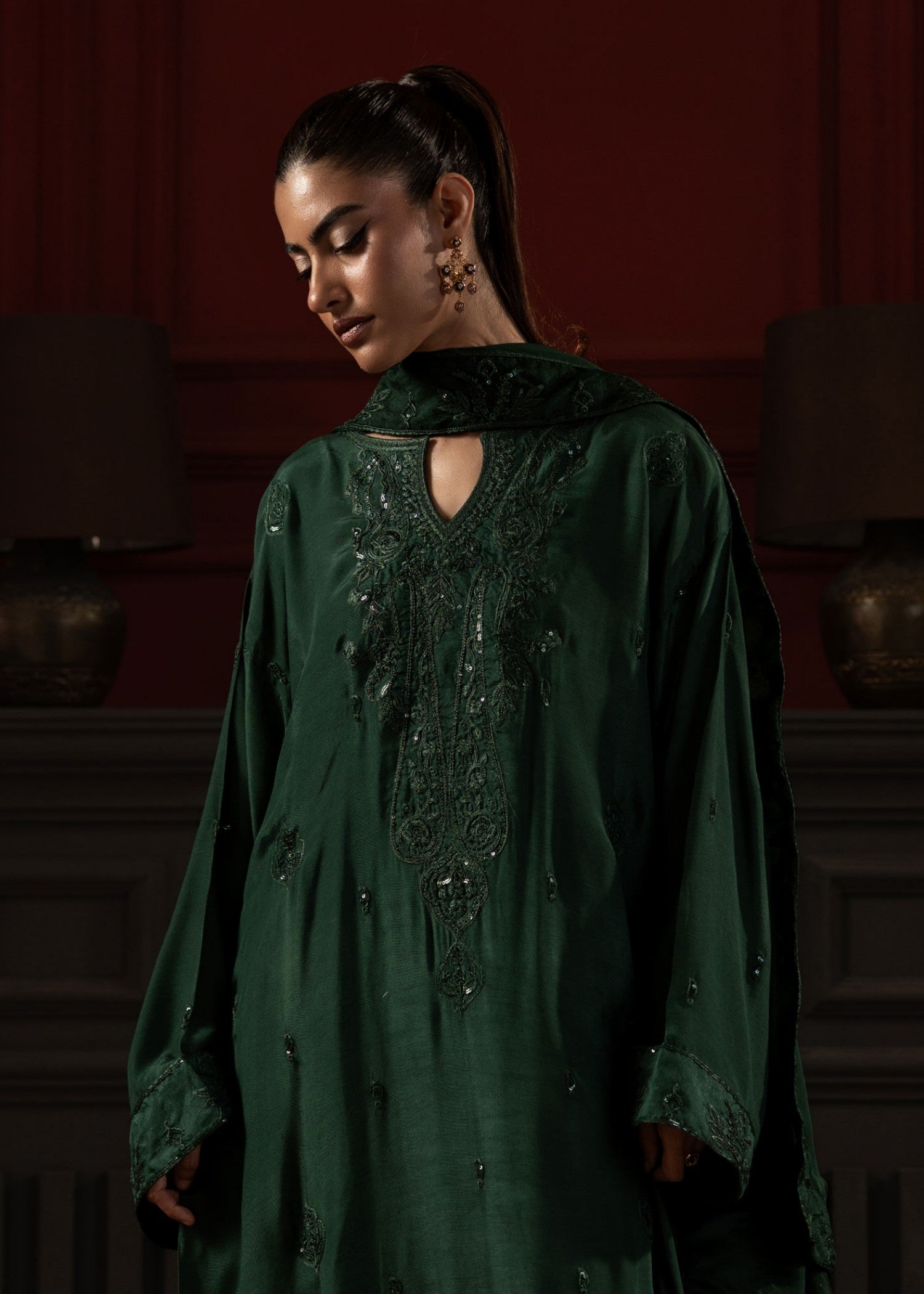 raw silk Kaftan in Bottle green