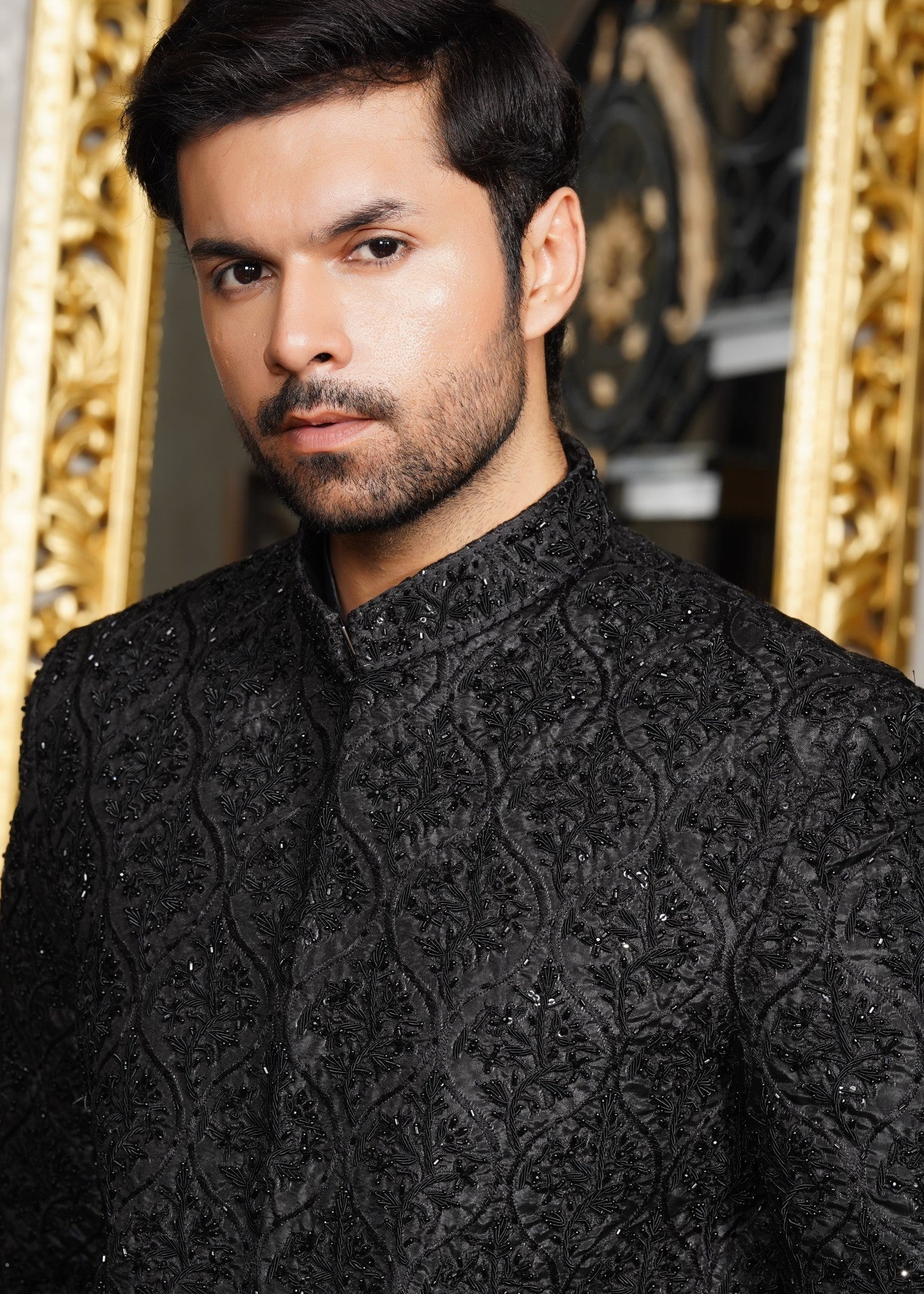 silk jamawar Sherwani in Black