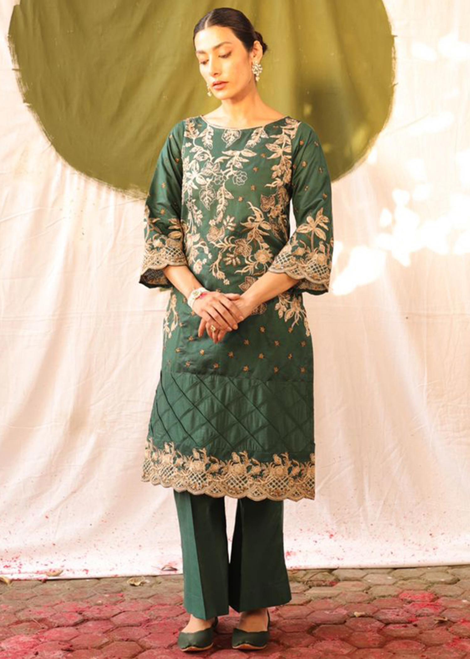 chambray Kurta Set in Green