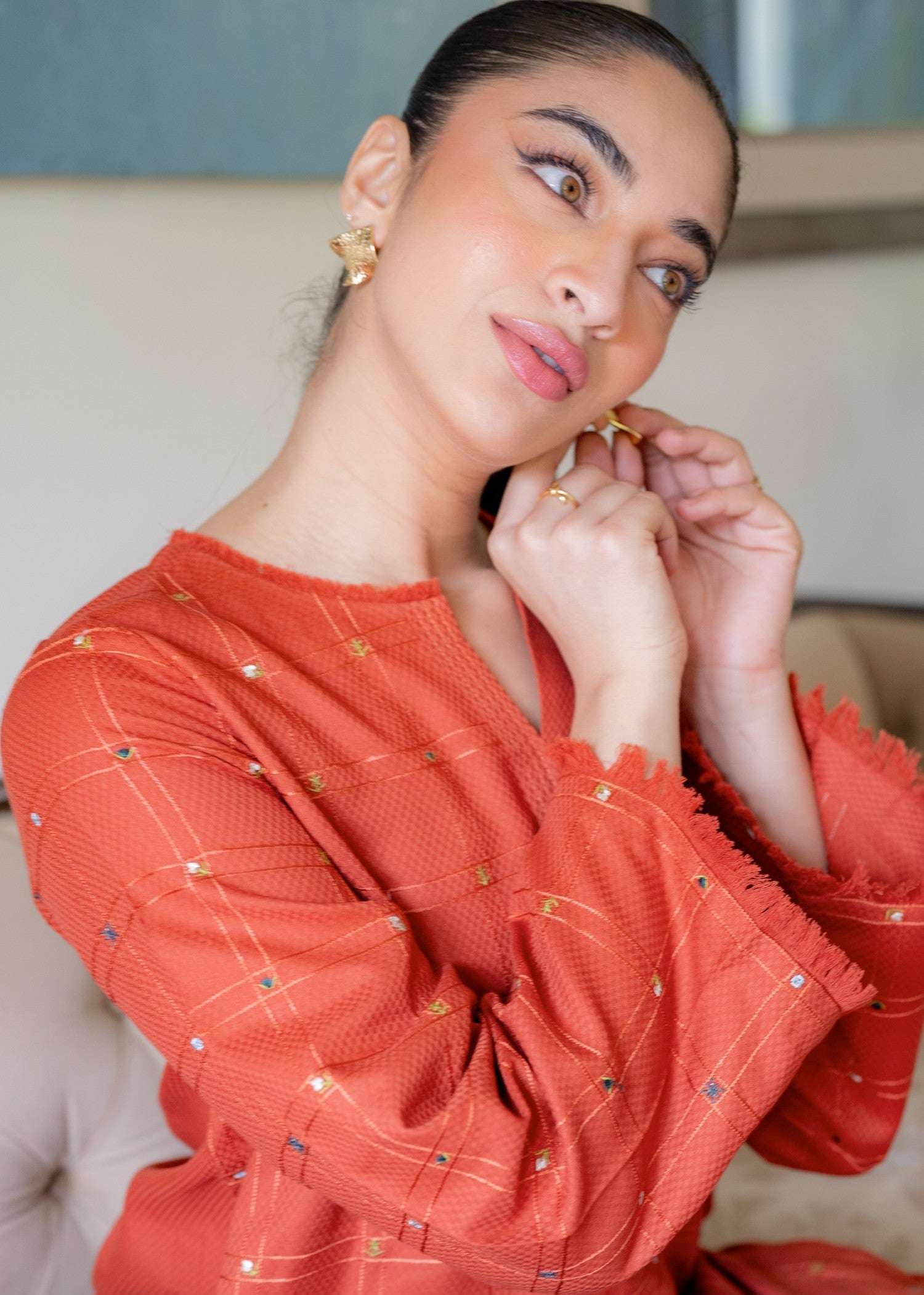 dobby Kurta Set in Pumpkin orange