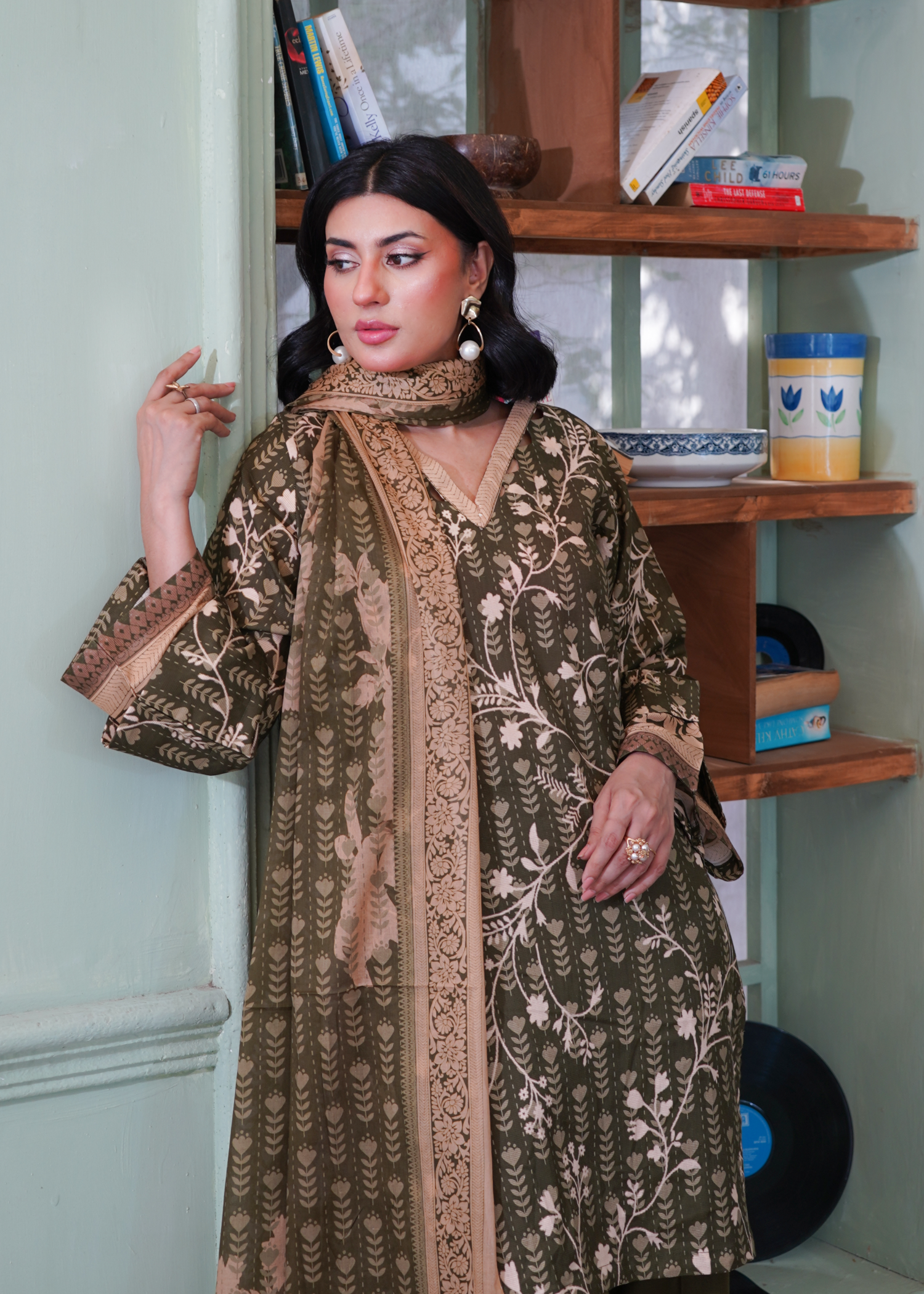 dobby Kurta Set in Olive green