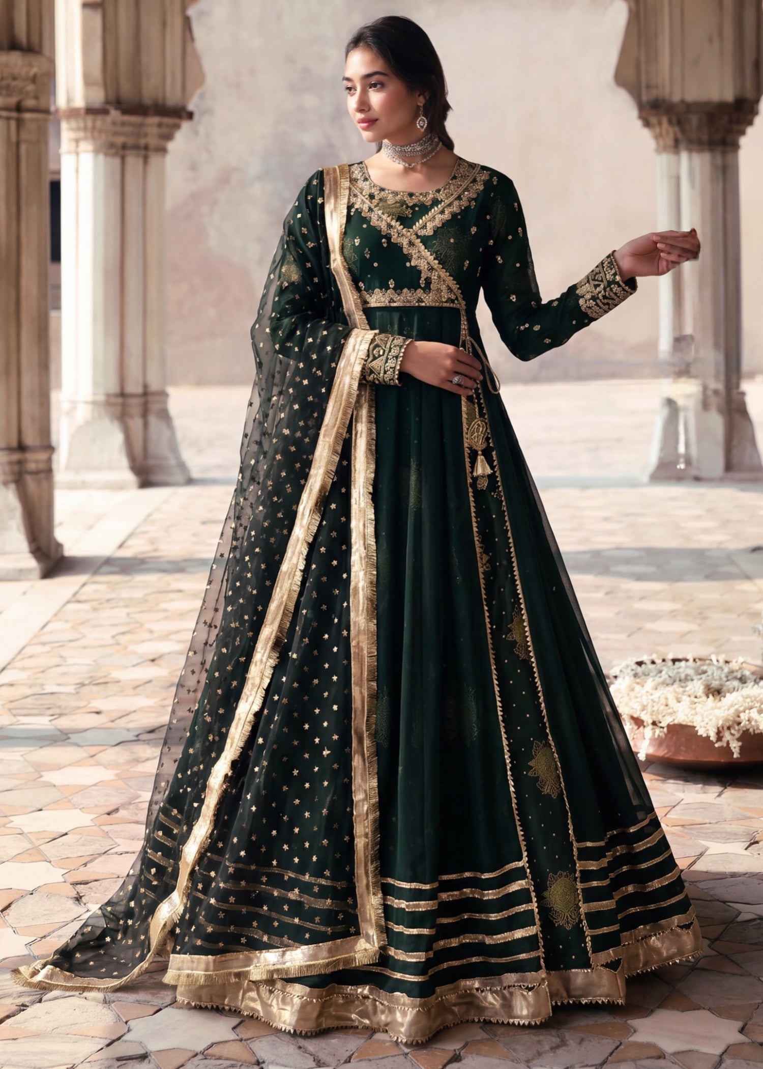 chiffon Angrakha in Dark green