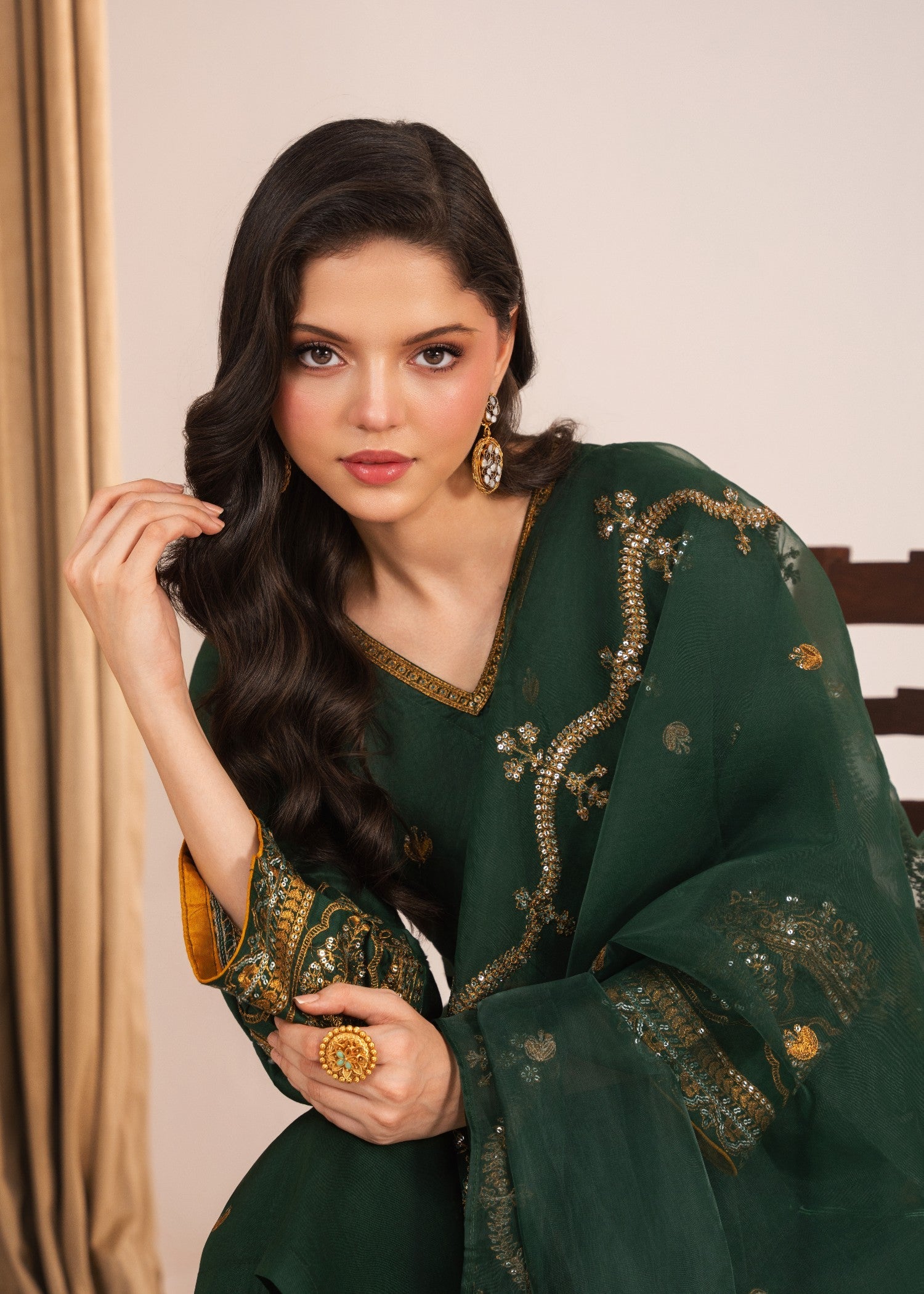 lawn Kurta Set in Gold, dark green
