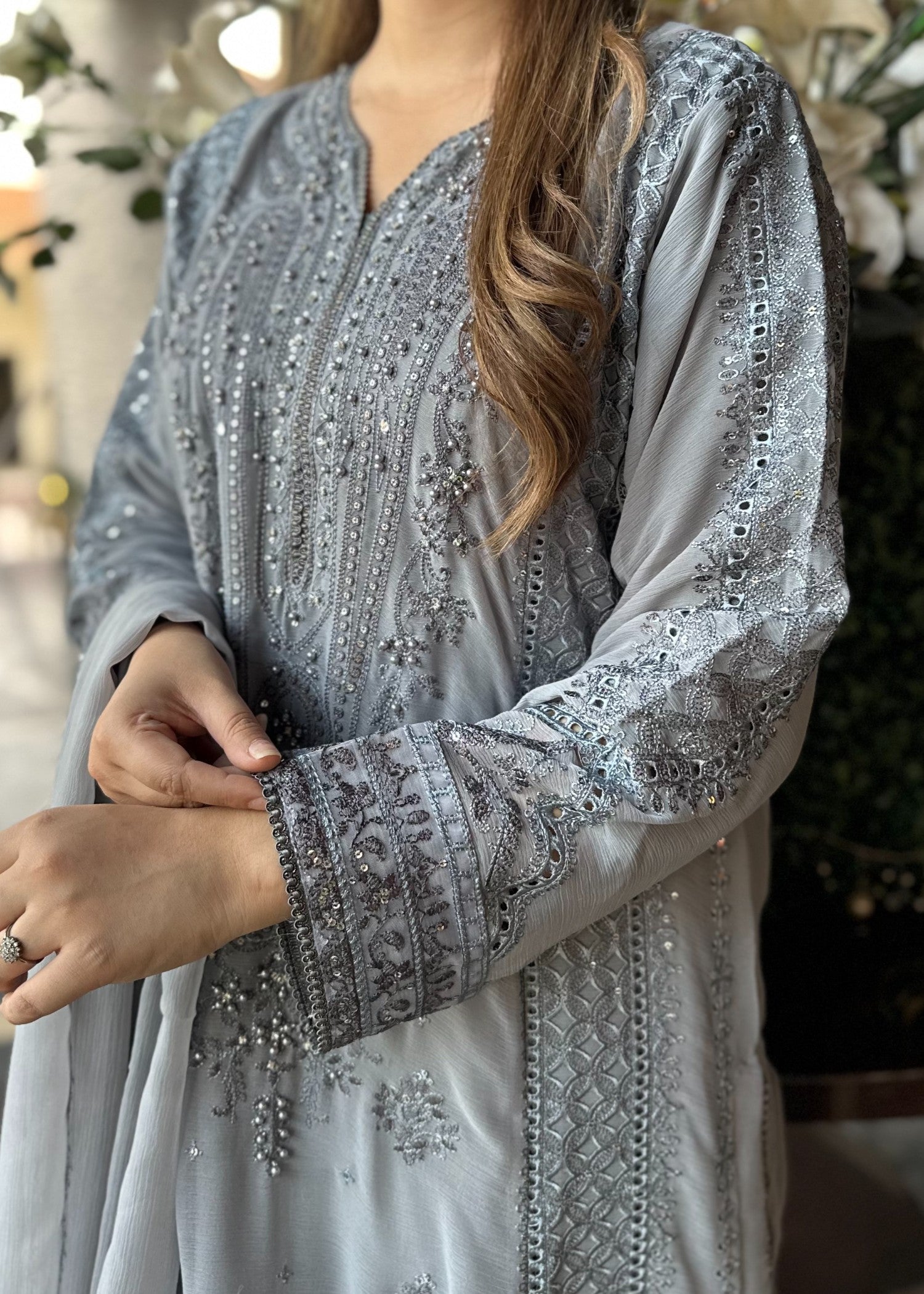 chiffon Kurta Set in Duck egg grey