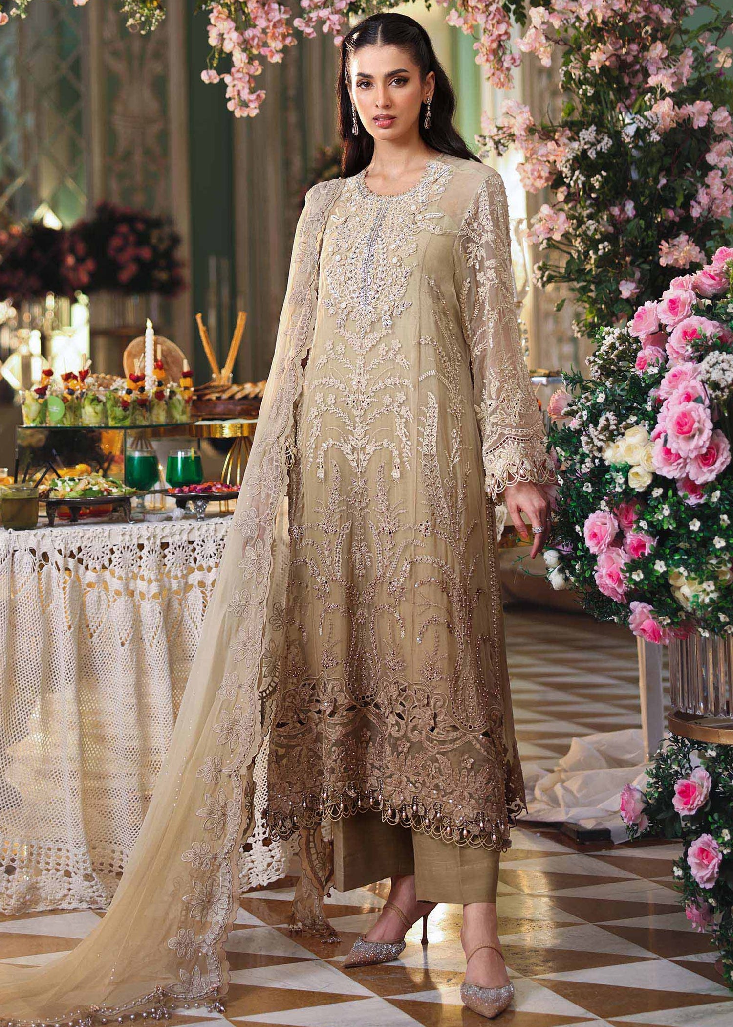 chiffon Unstitched in Coffee brown, ivory