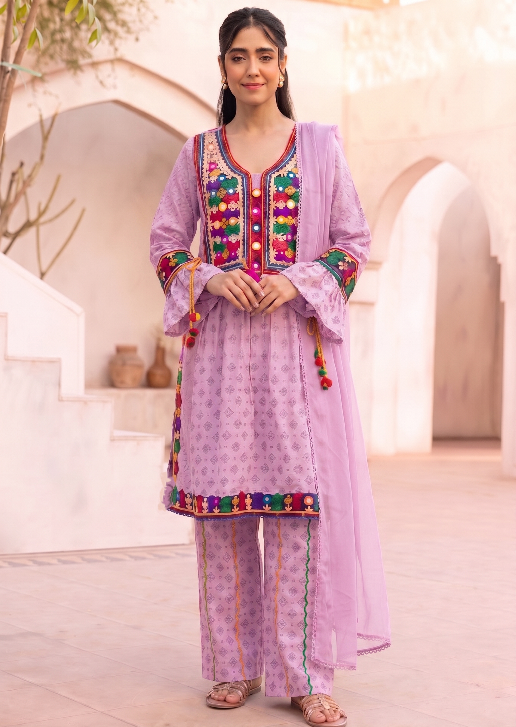 lawn cotton Kurta Set in Lavender pink