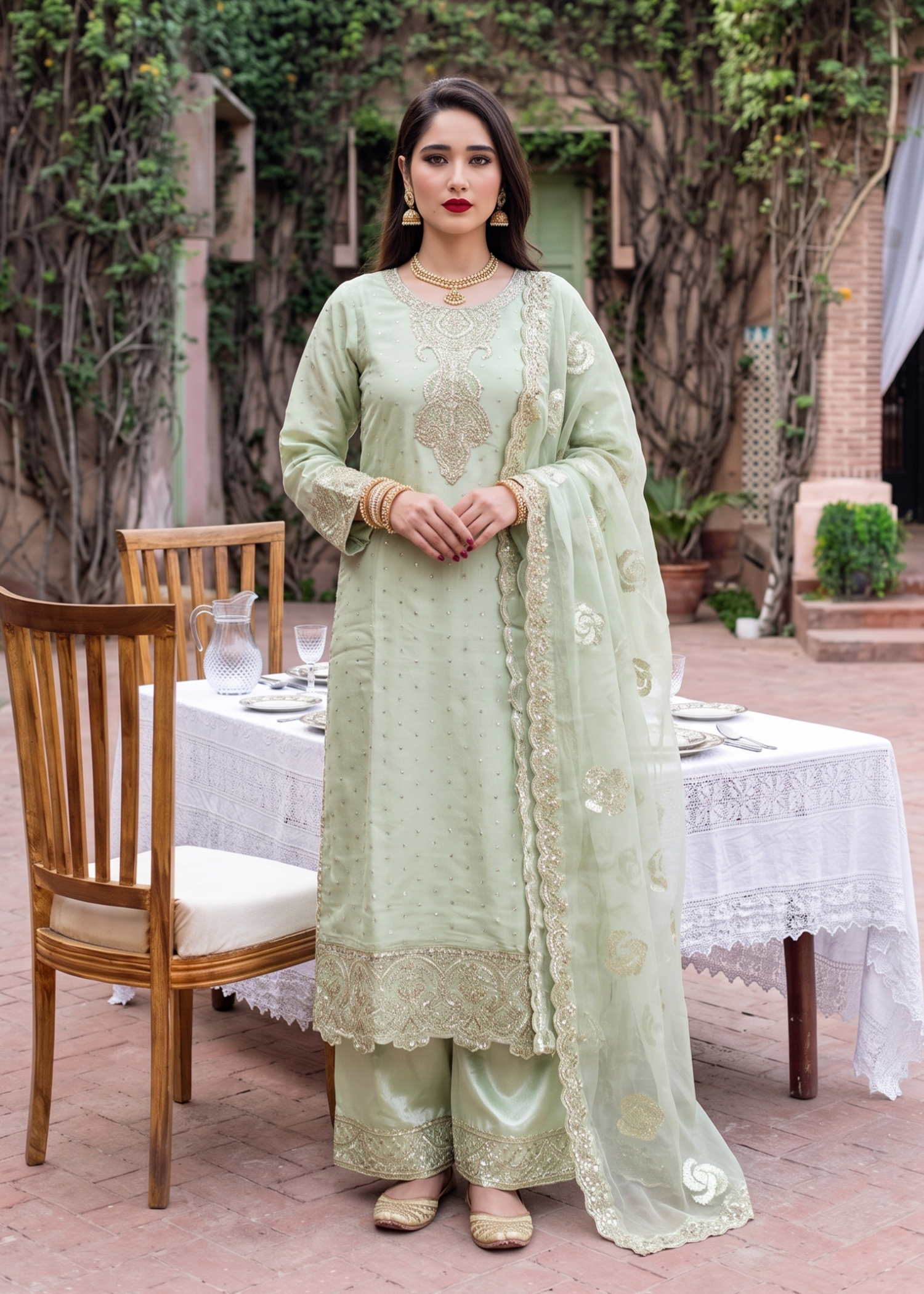chiffon Kurta Set in Pistachio green