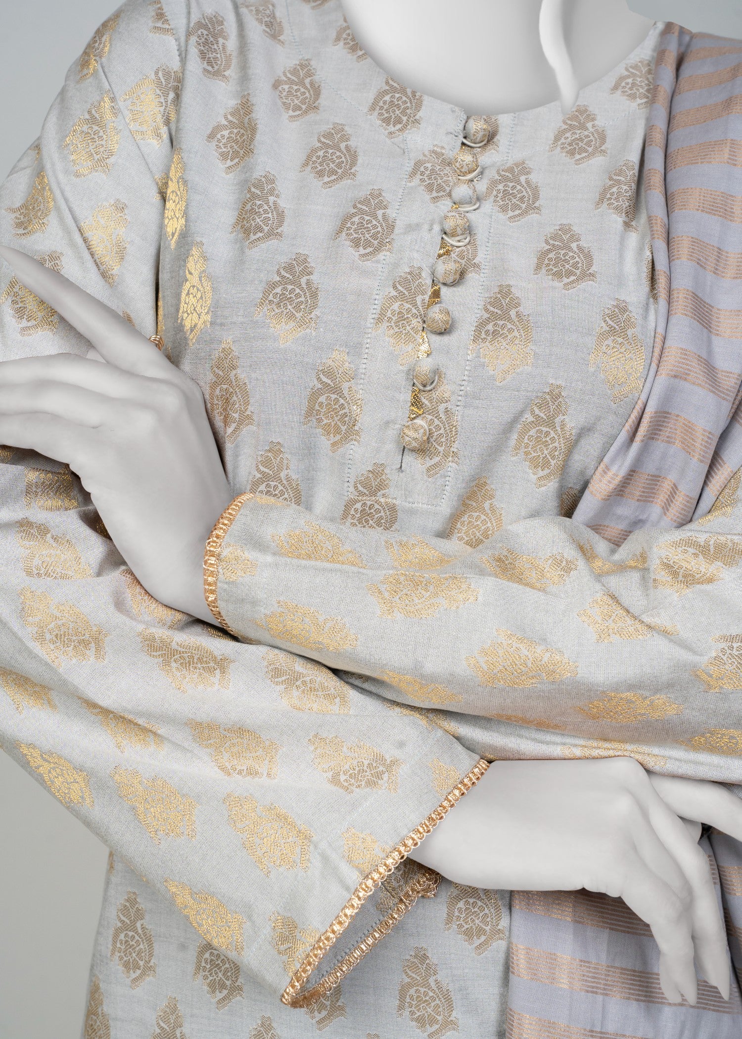self jacquard Kurta Set in Pastel grey