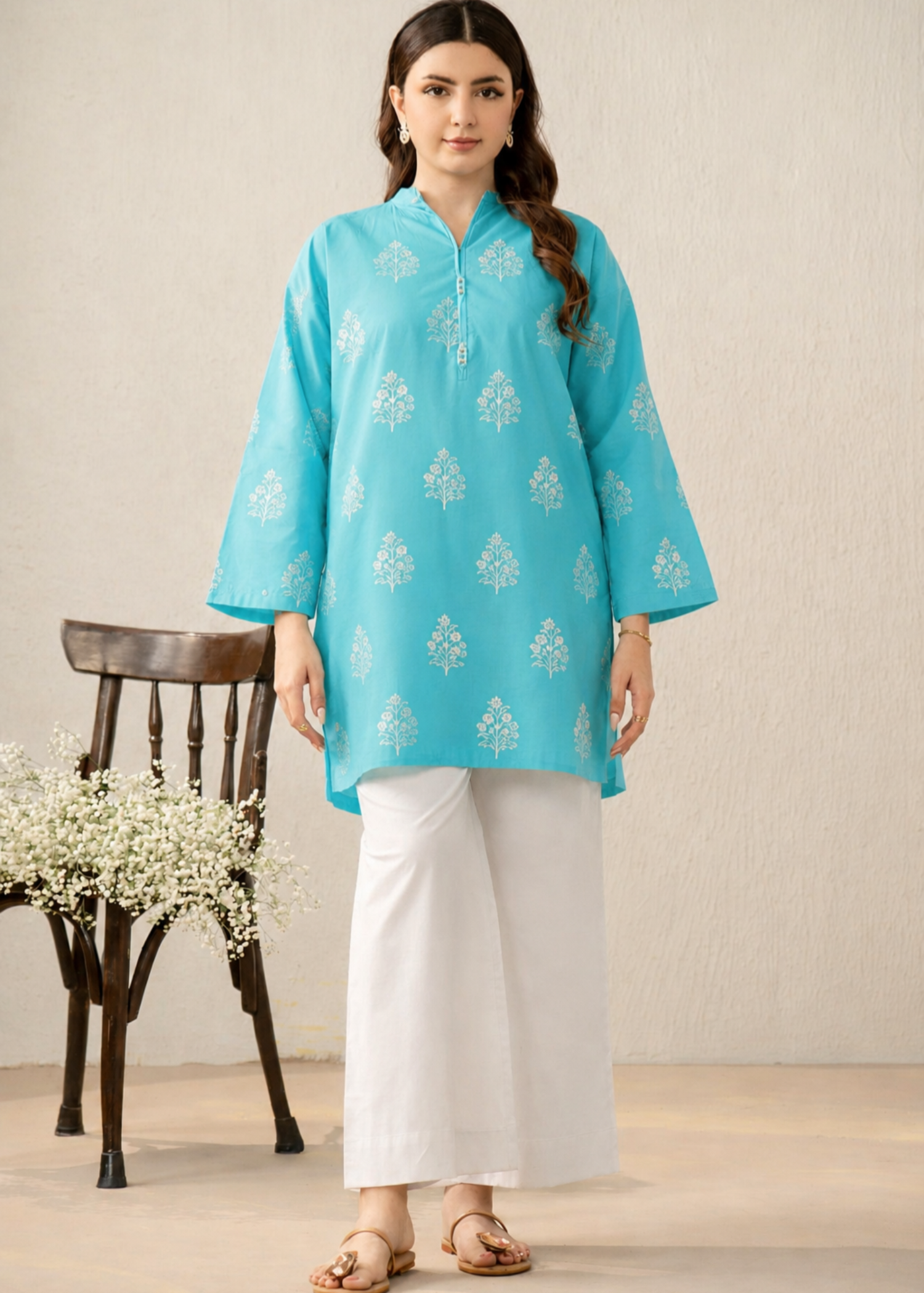 lawn Kurta Set in Turquoise
