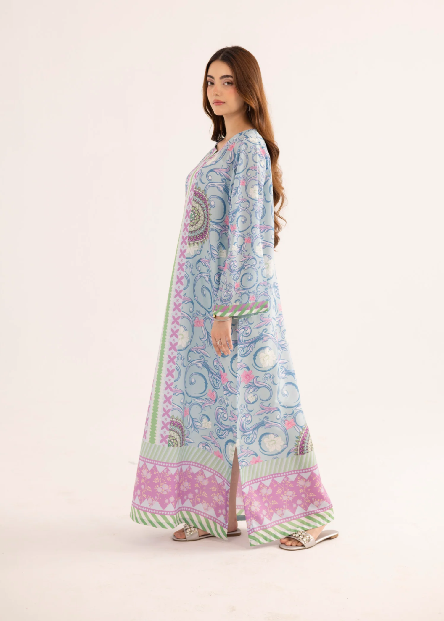 silk finish lawn Kaftan in Ice blue