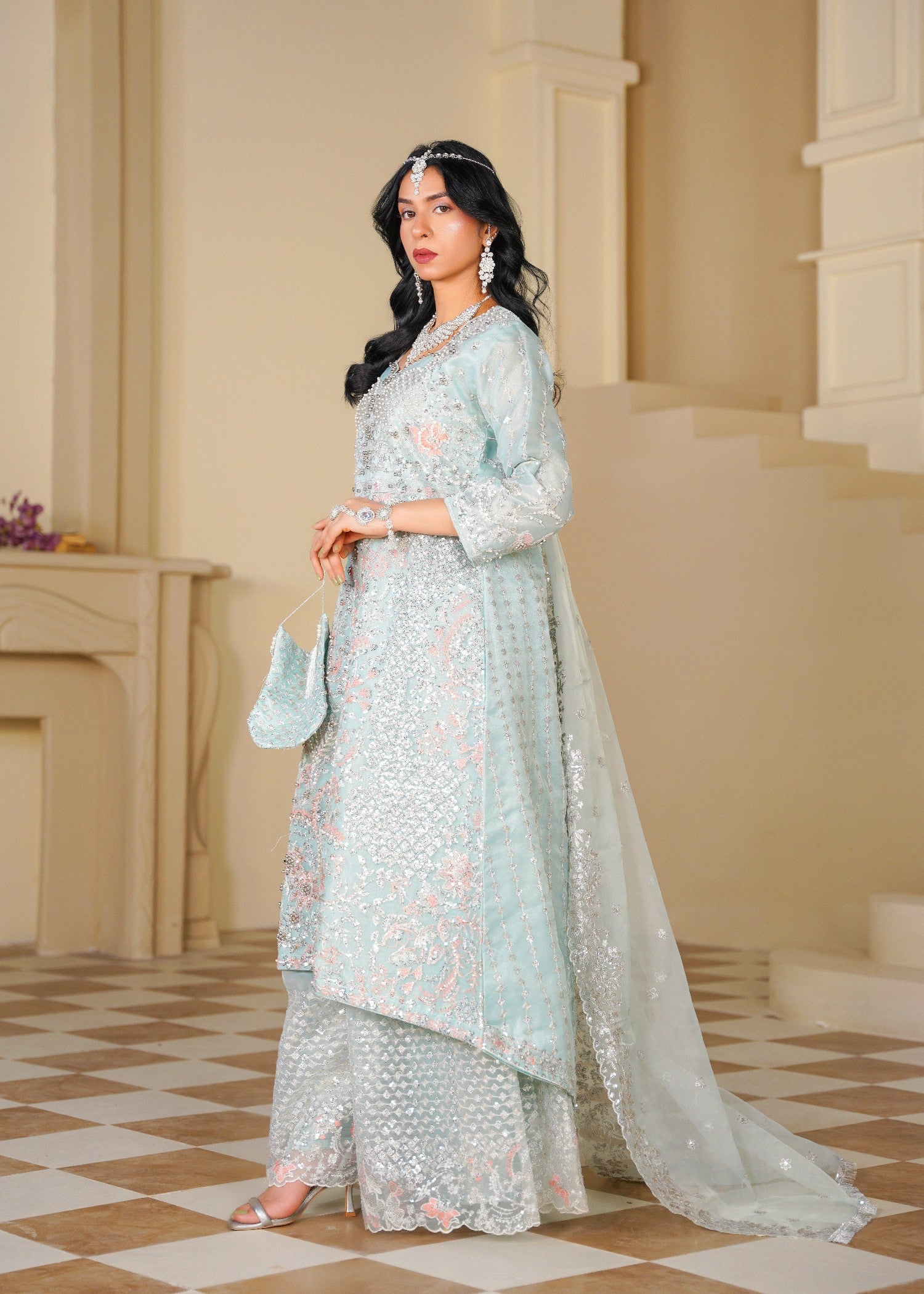organza Sharara in Silver, ice blue