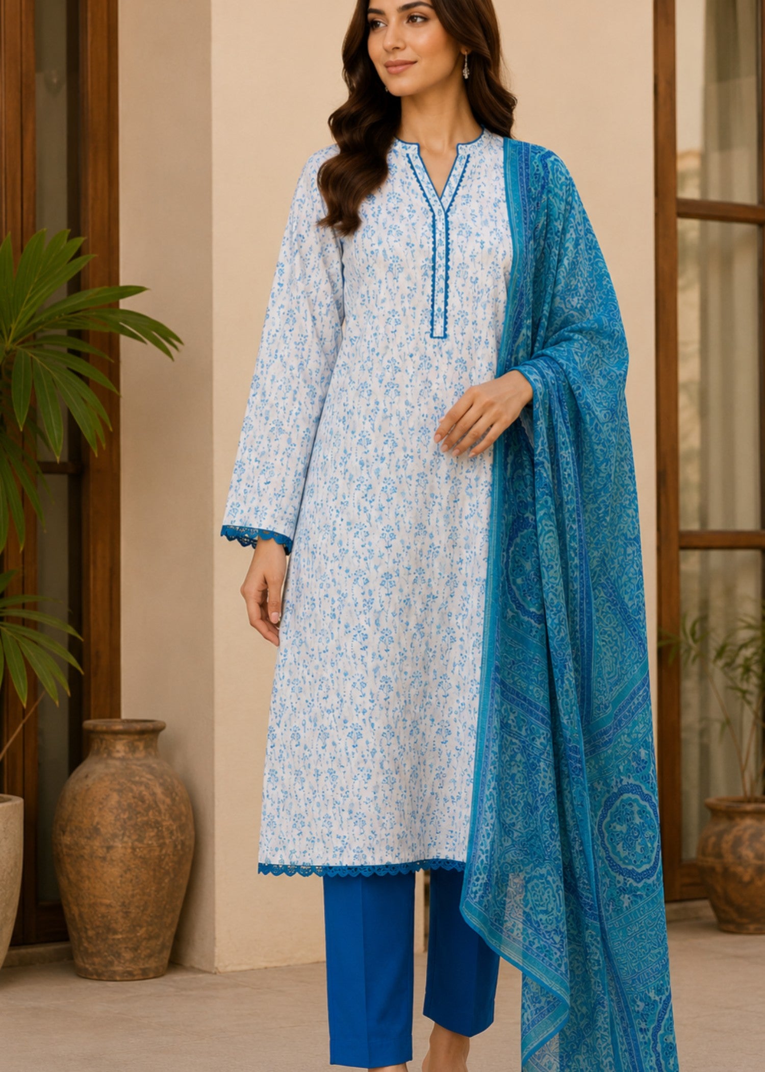 lawn Kurta Set in Sapphire blue, ice blue