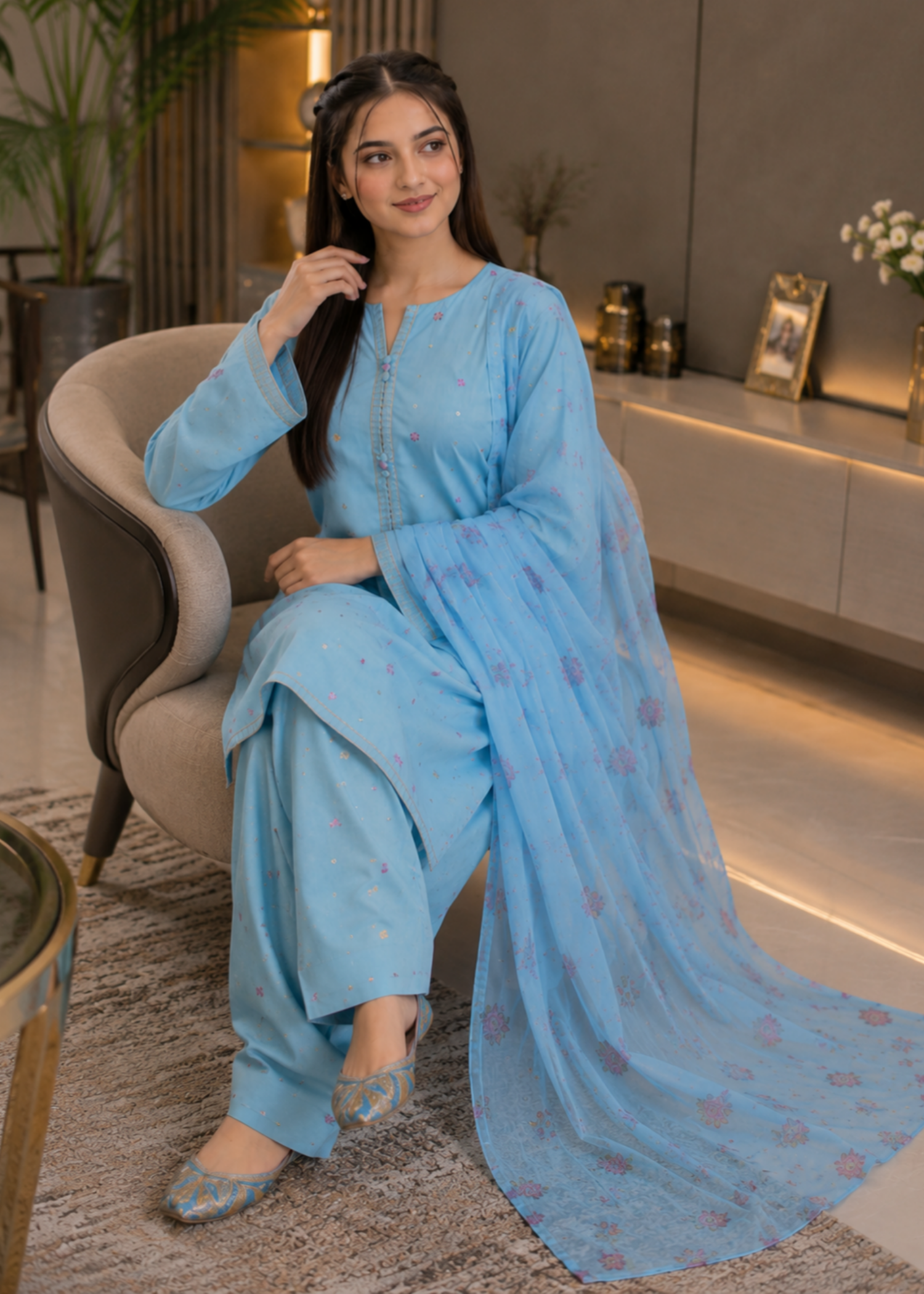 cotton linen Kurta Set in Sky
