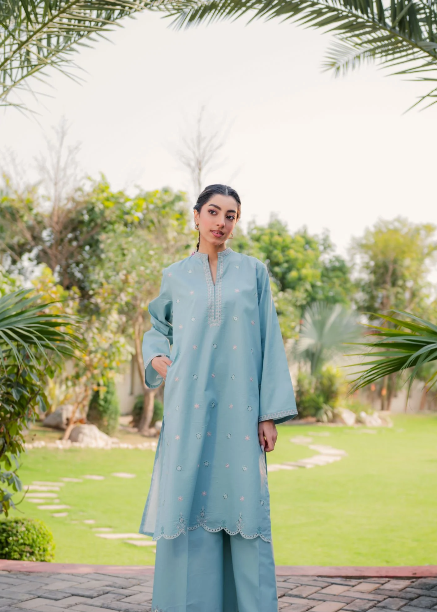 pure cotton Kurta Set in Ice blue