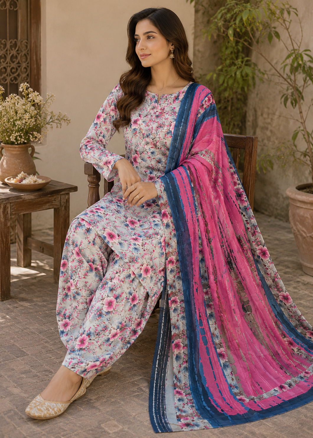 swiss lawn Unstitched in Blue, bubblegum pink