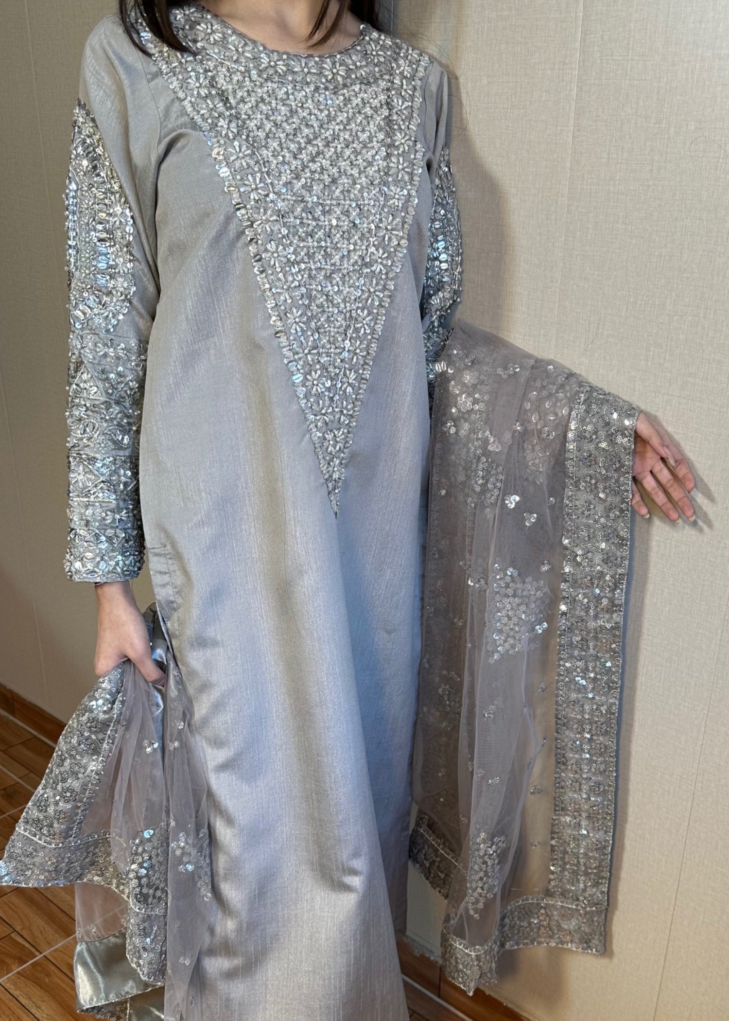 raw silk Kurta Set in Steal grey