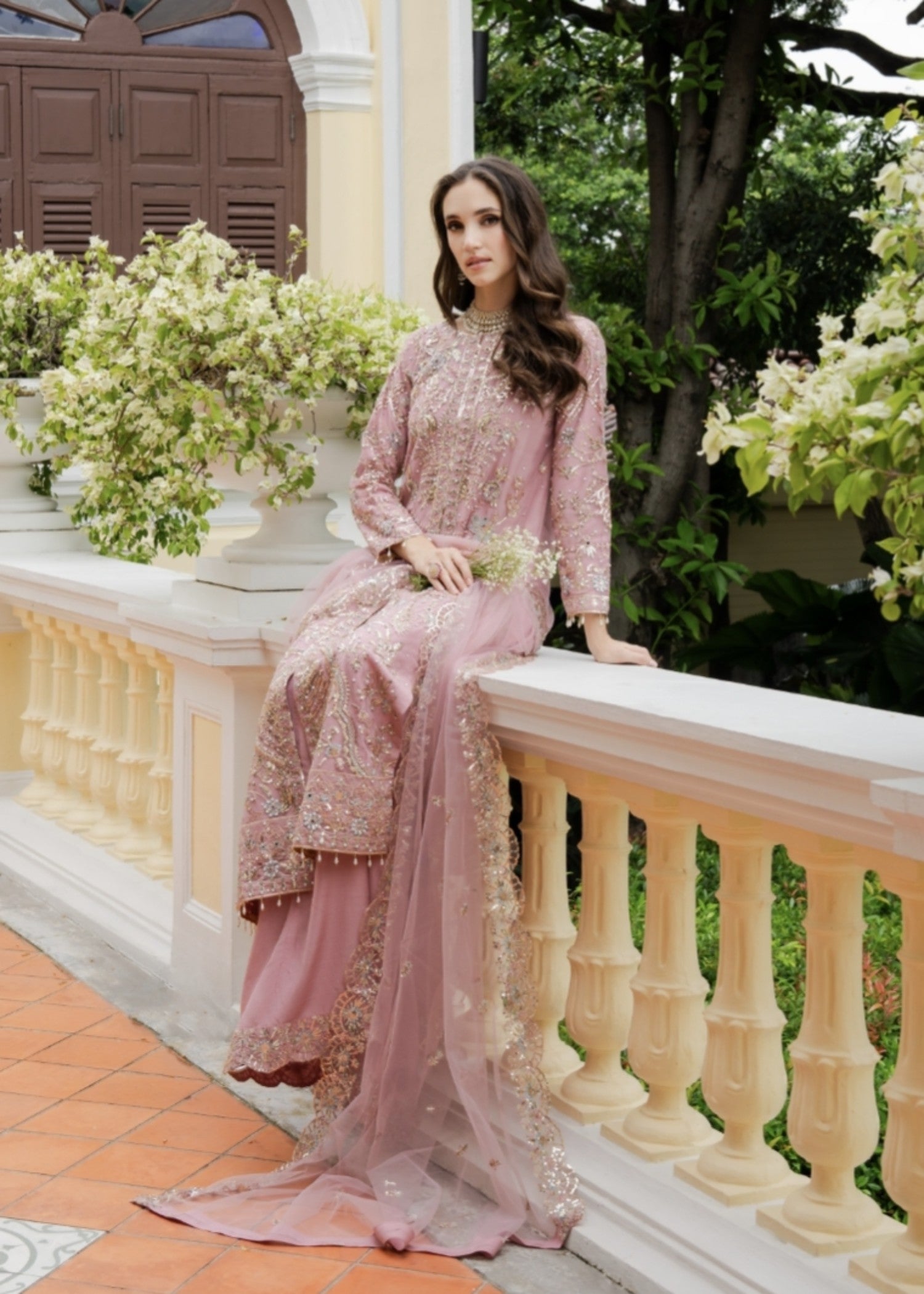 net Lehenga in Tea rose pink