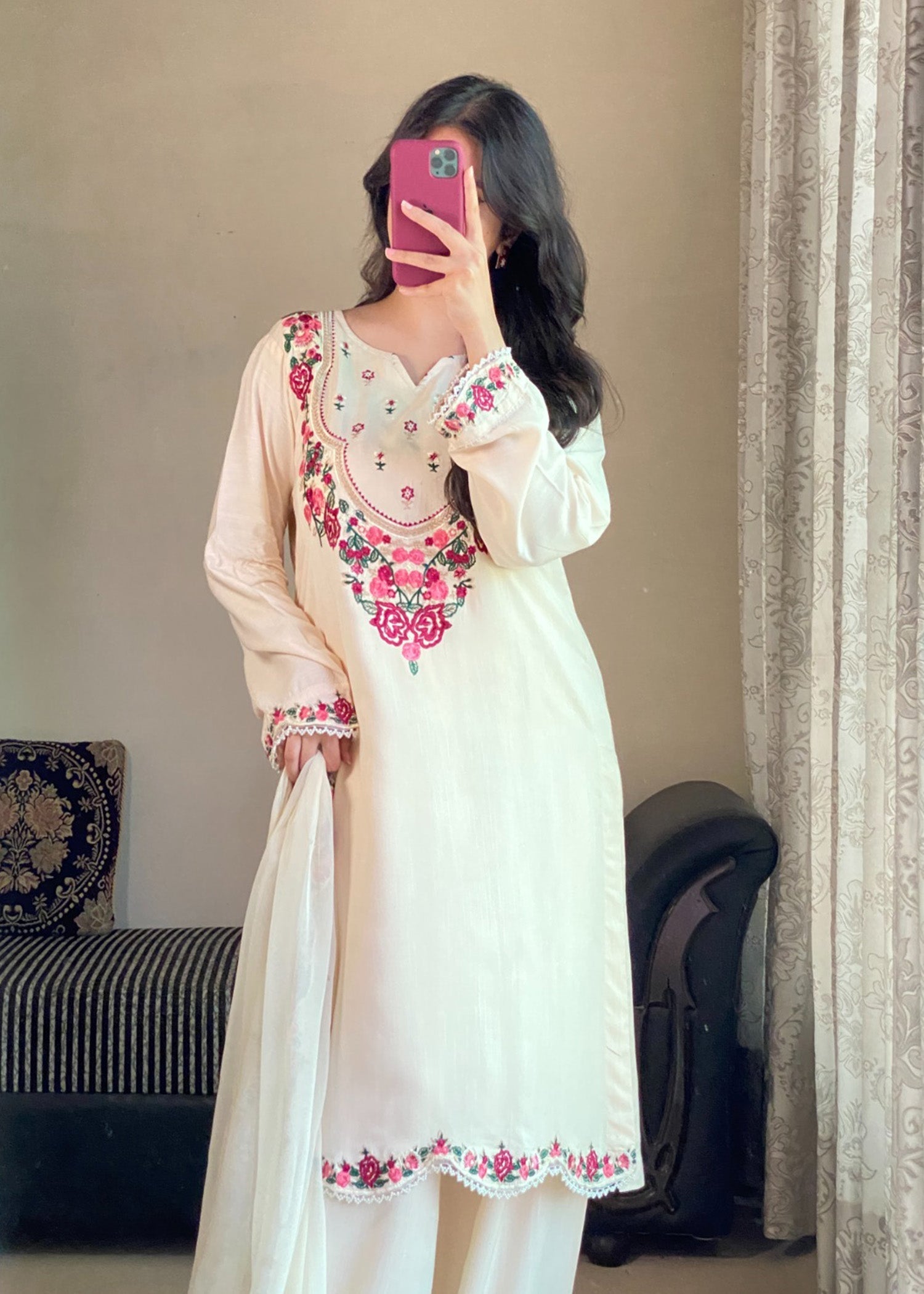 viscose raw silk Kurta Set in Off-white, cream