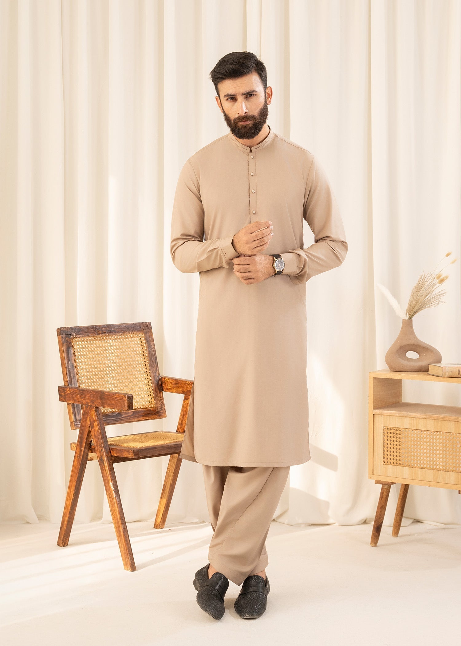 wash & wear Shalwar Kameez in Camel brown by Buraq