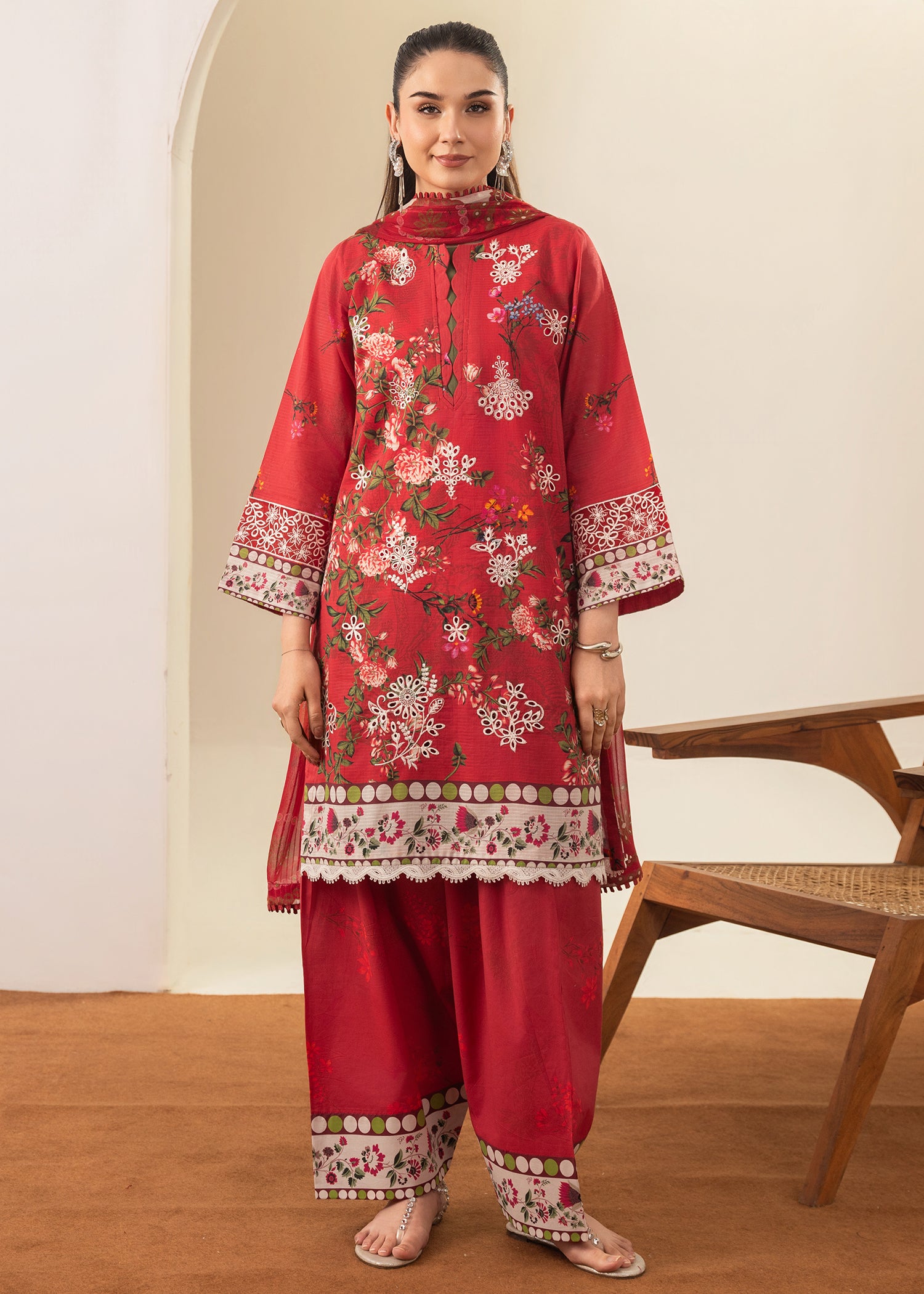 ribbed lawn Kurta Set in Red