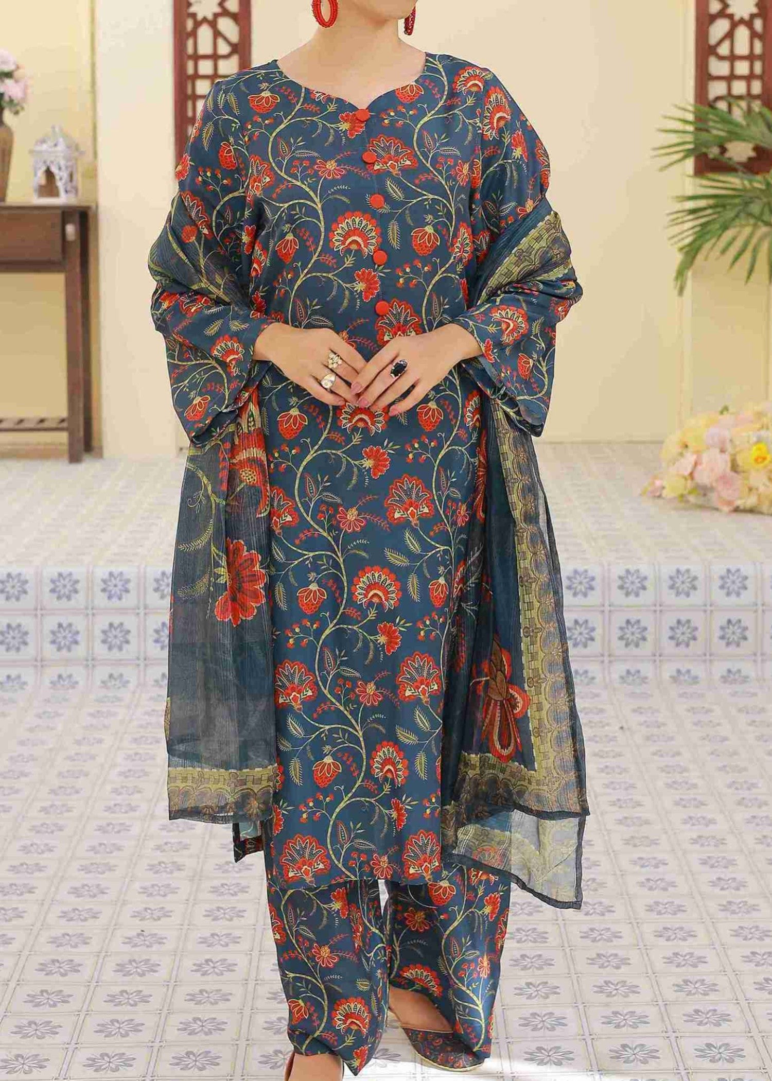swiss lawn Kurta Set in Navy blue