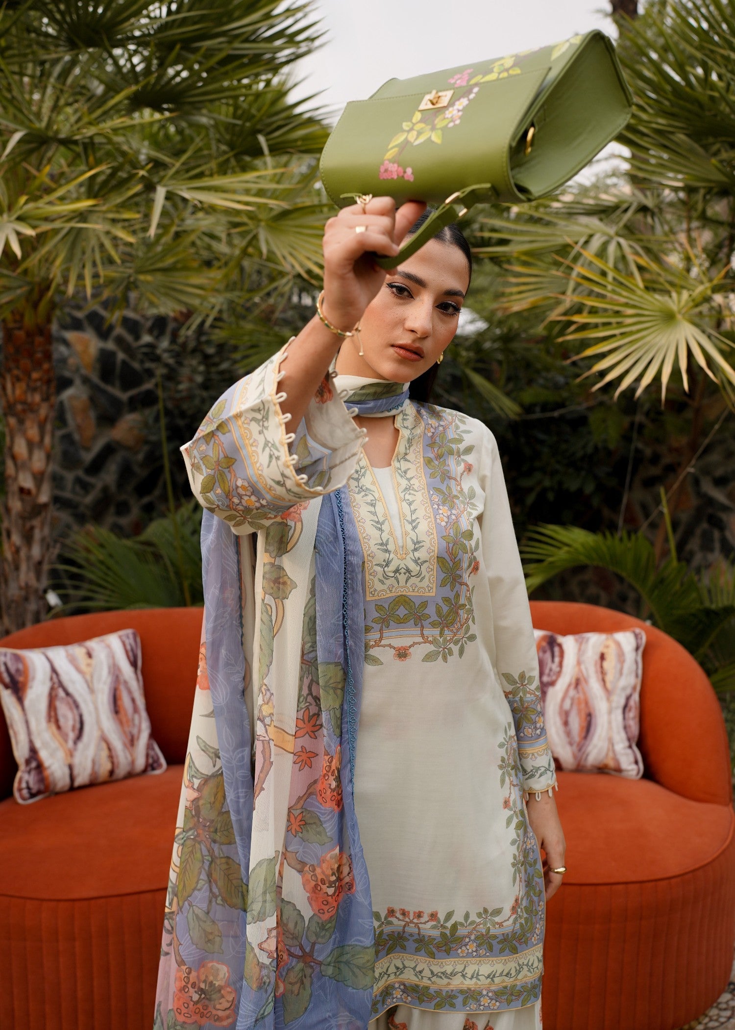 poly lawn Kurta Set in Tea green