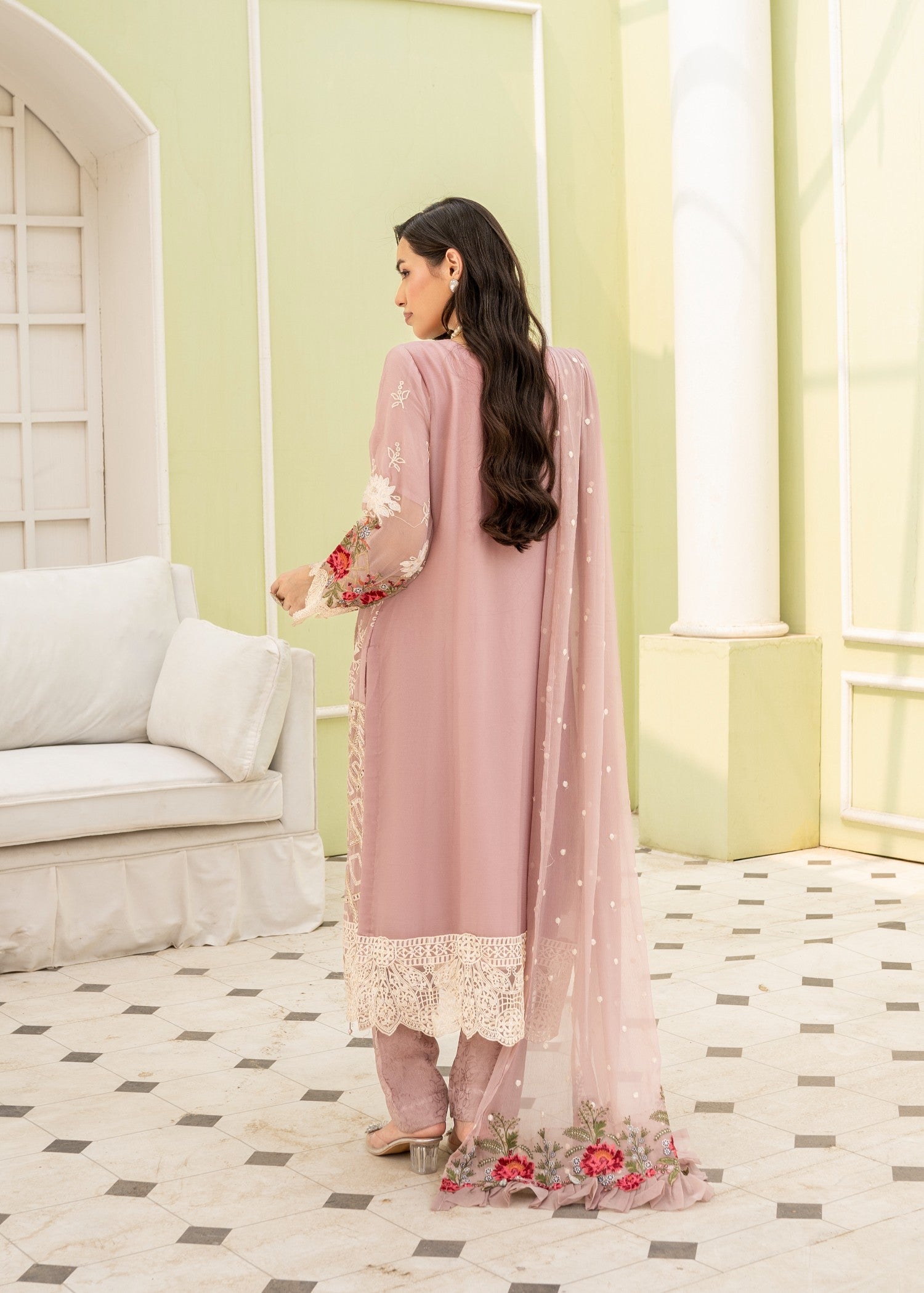 crinkle chiffon Kurta Set in Pink
