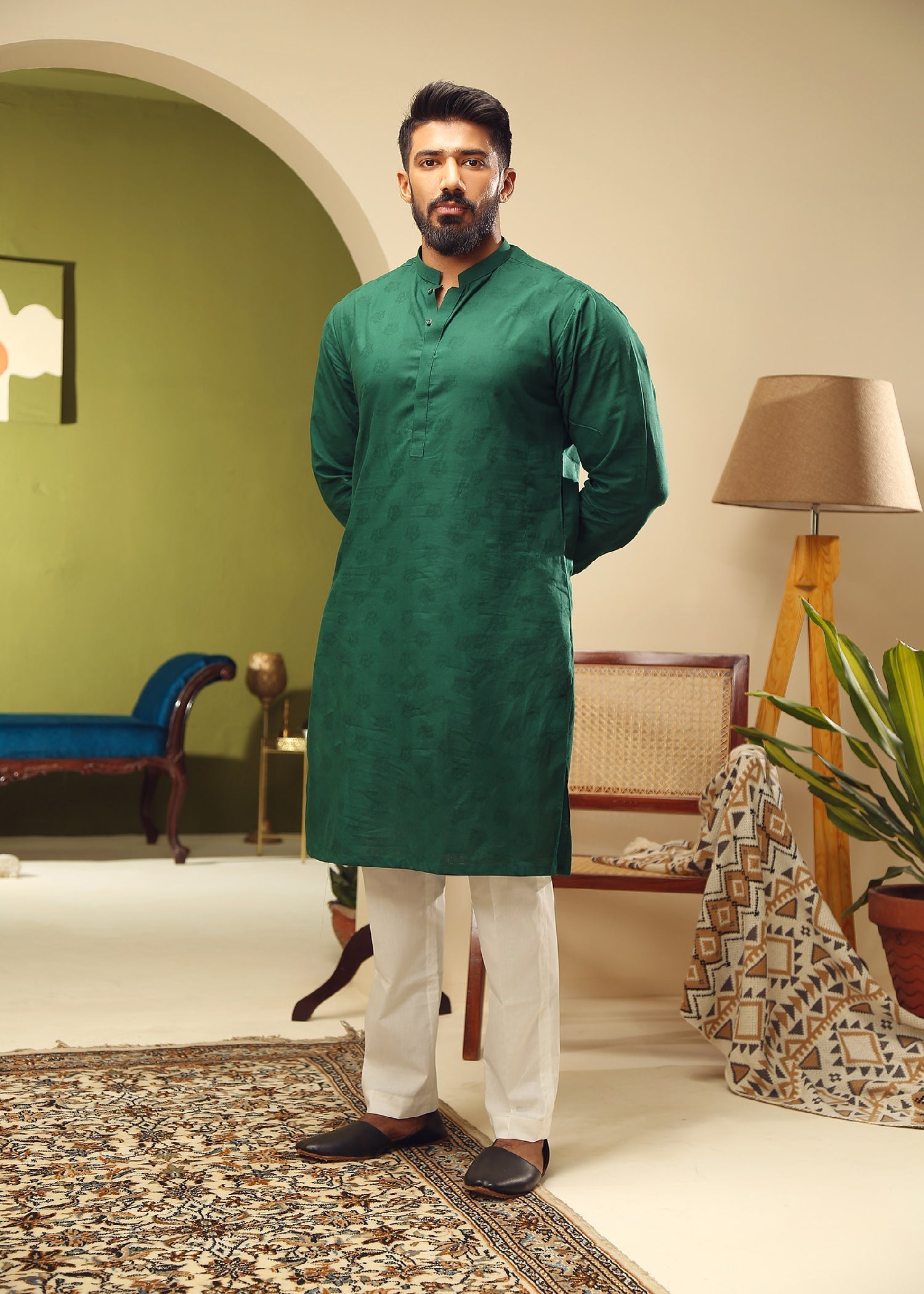 cotton dobby Kurta in Forest green by Istor House Of Premium Fabrics