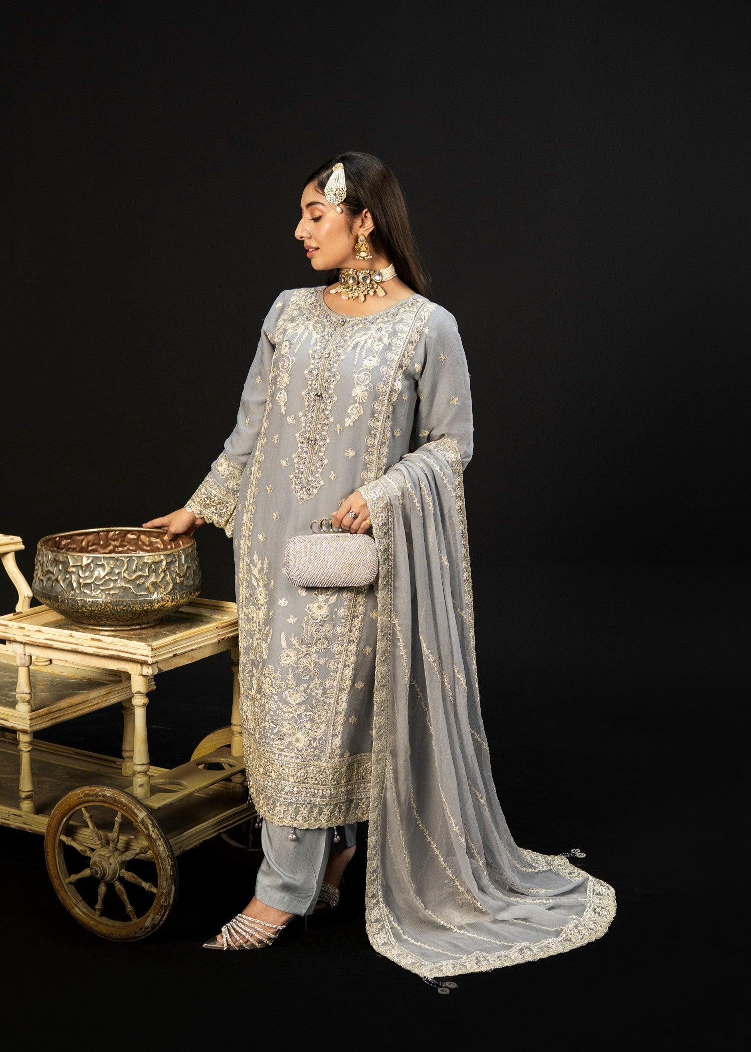 crinkle chiffon Kurta Set in Grey