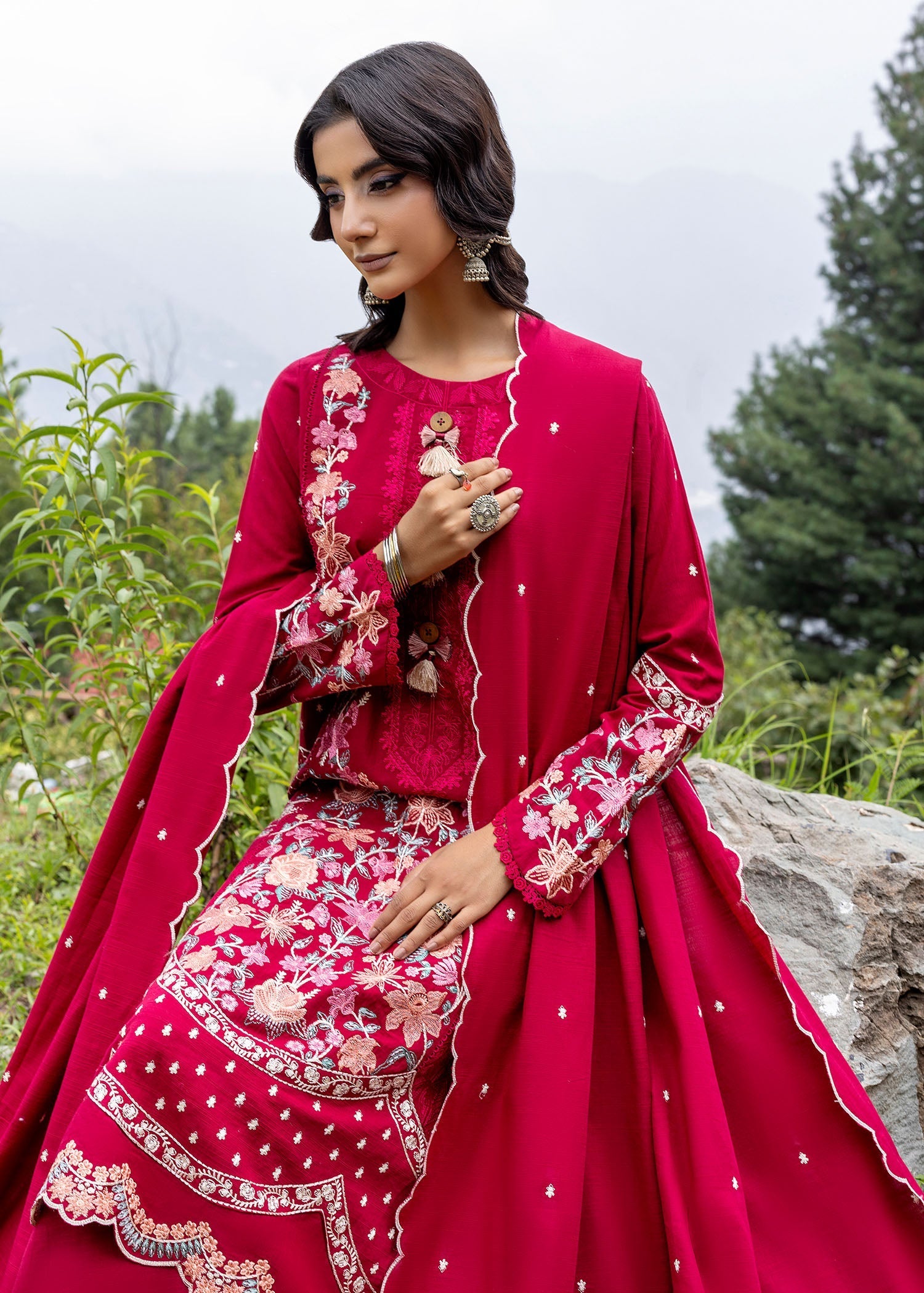 khaddar Kurta Set in Hot pink red