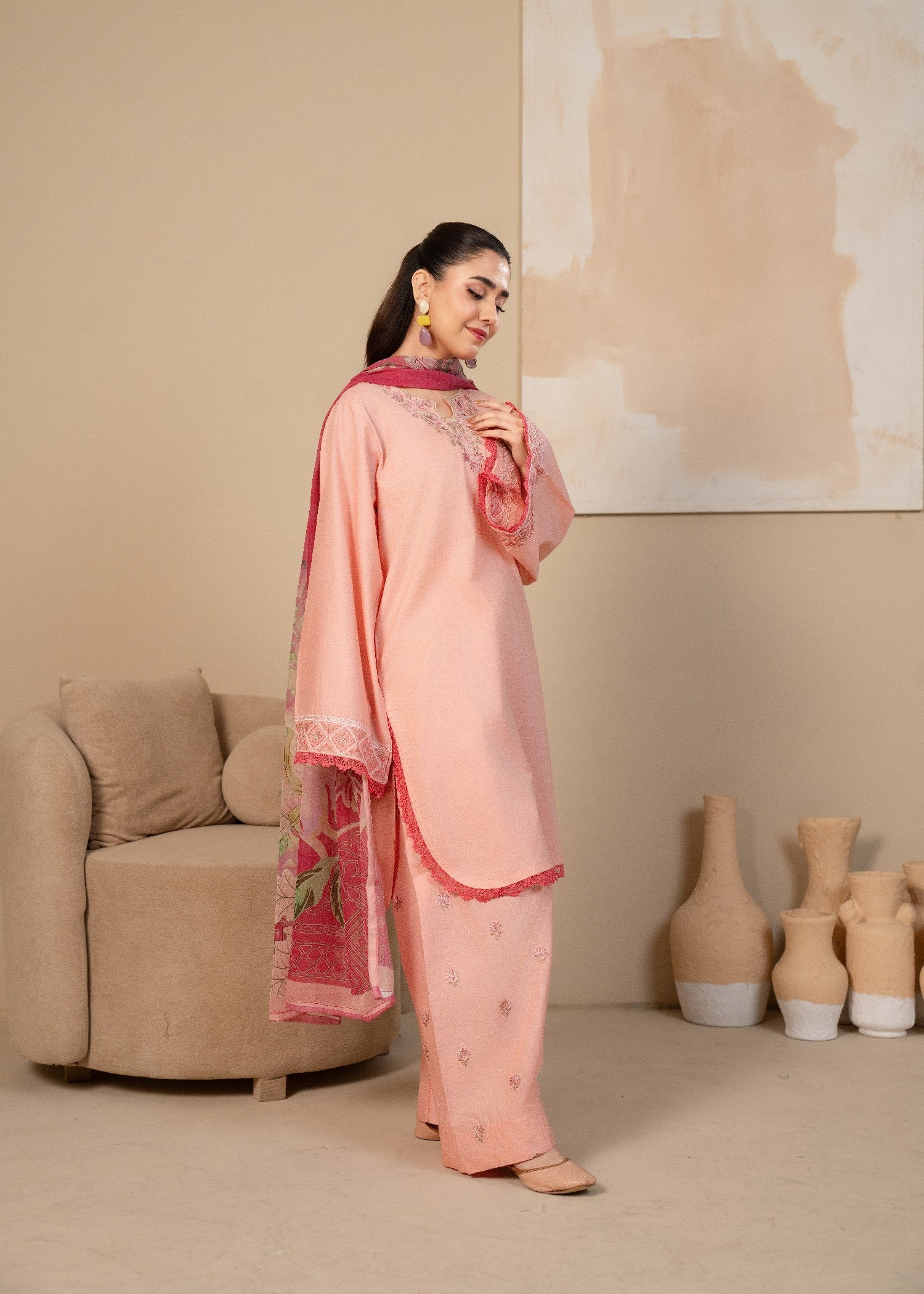 lawn cotton Kurta Set in Light pink