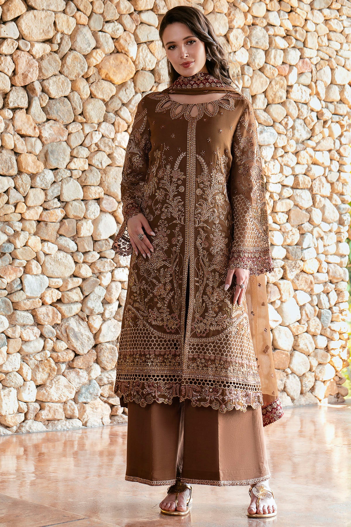 crinkle chiffon Kurta Set in Walnut brown