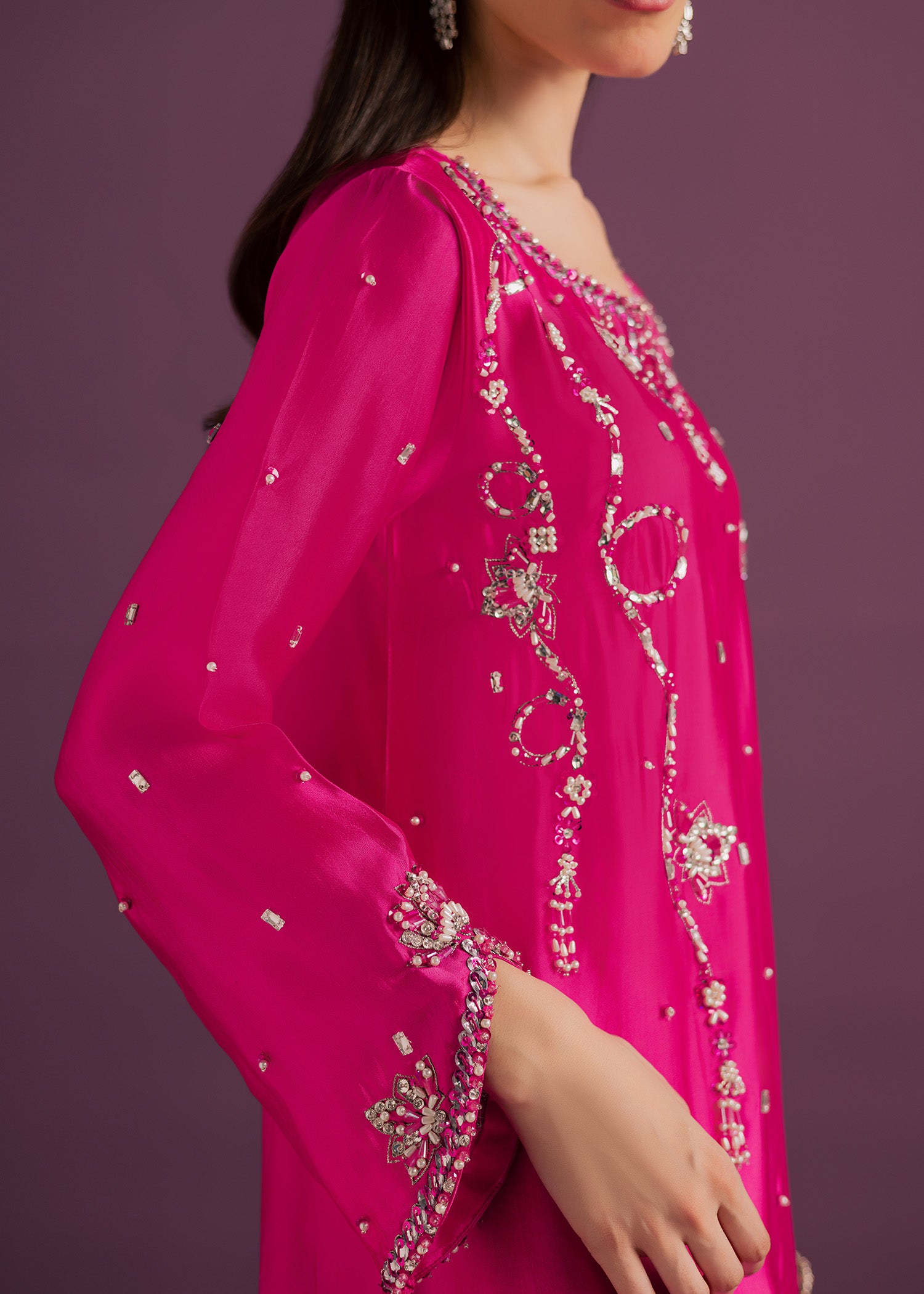 tussar silk Kaftan in Hot pink
