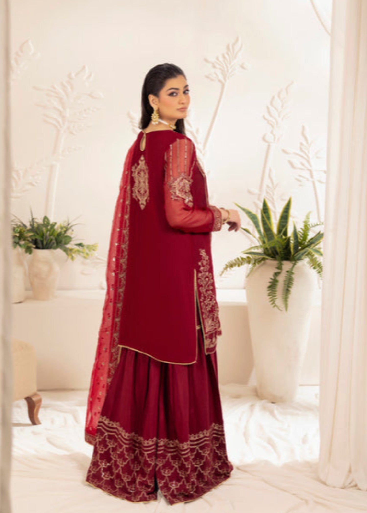 bemberg crinkle chiffon Gharara in Maroon
