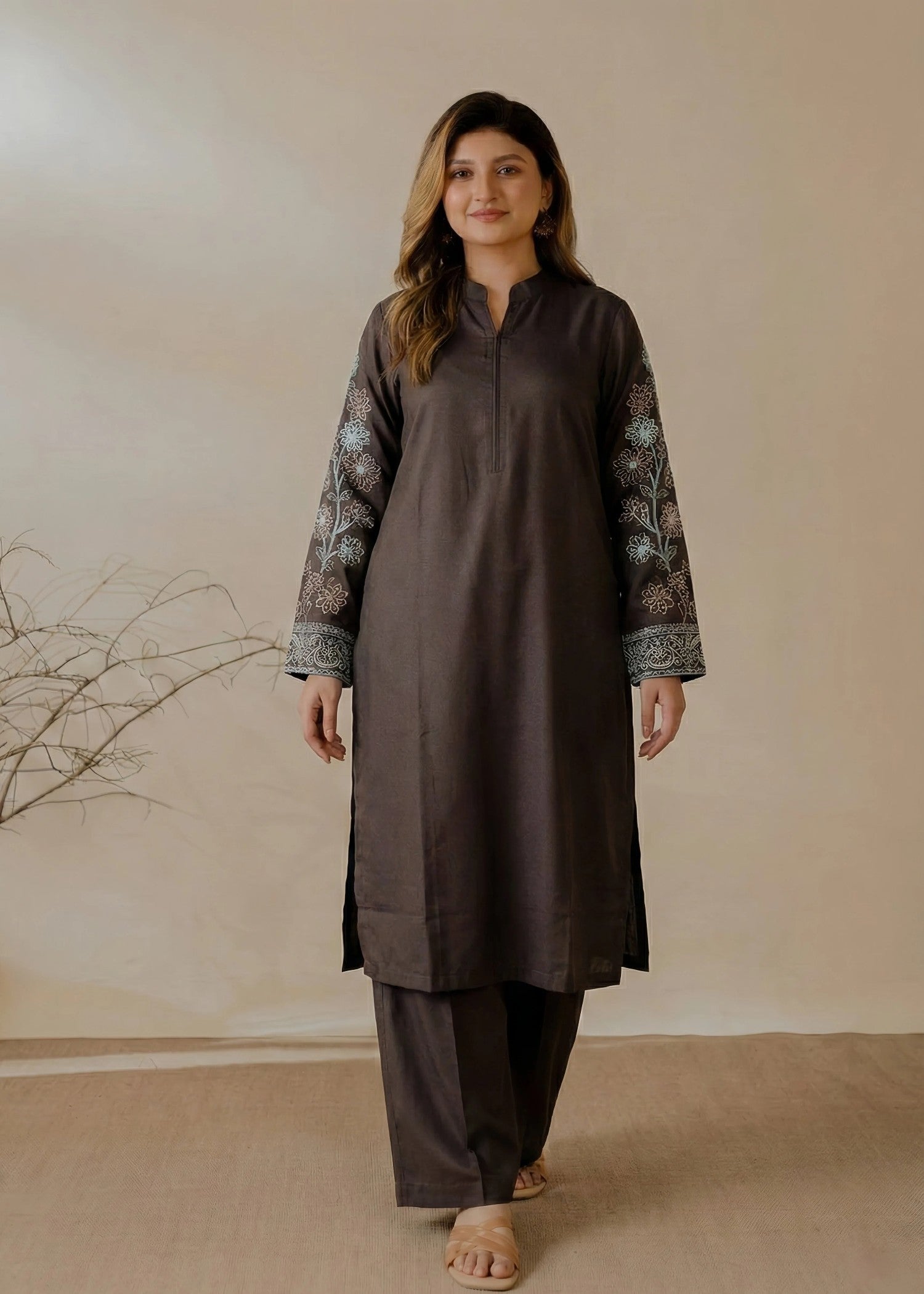 dhanak Kurta Set in Mocha brown