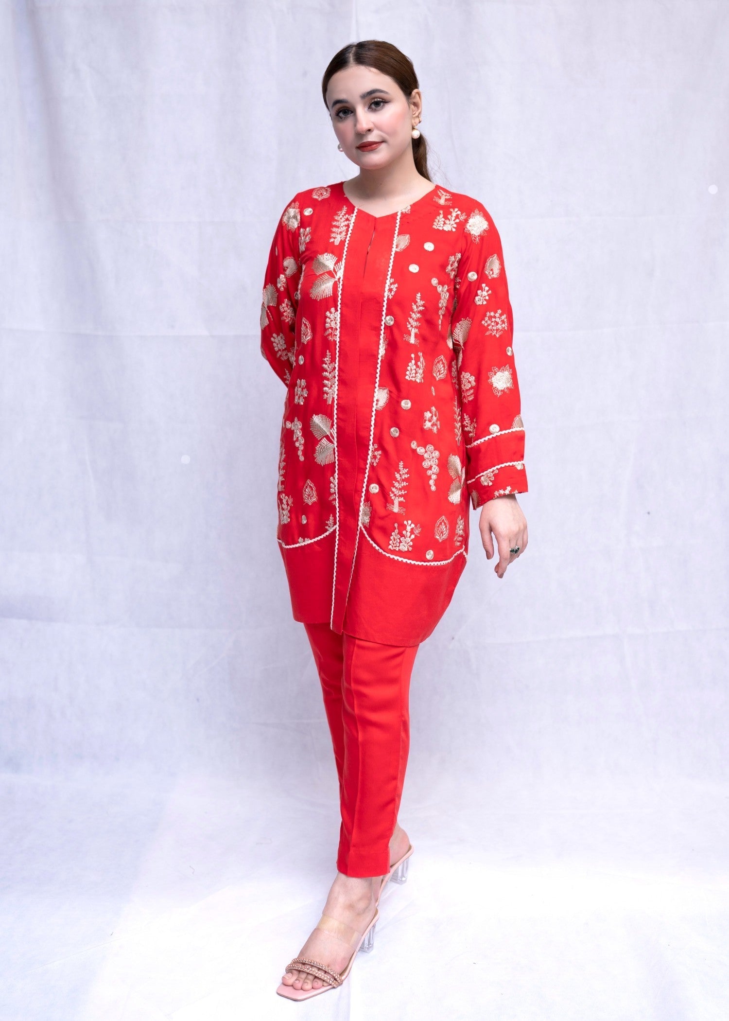linen Kurta Set in Tomato red