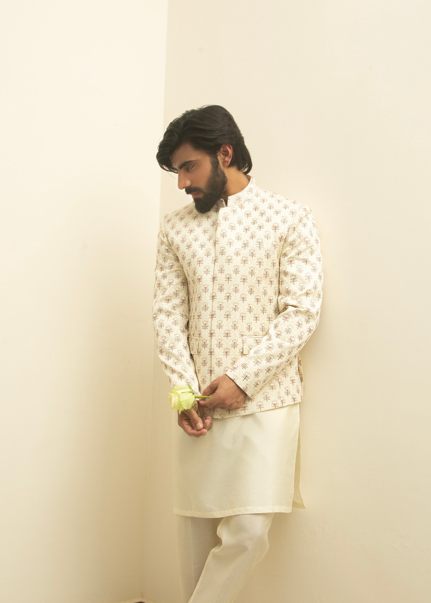 raw silk Prince Coat in Off-white