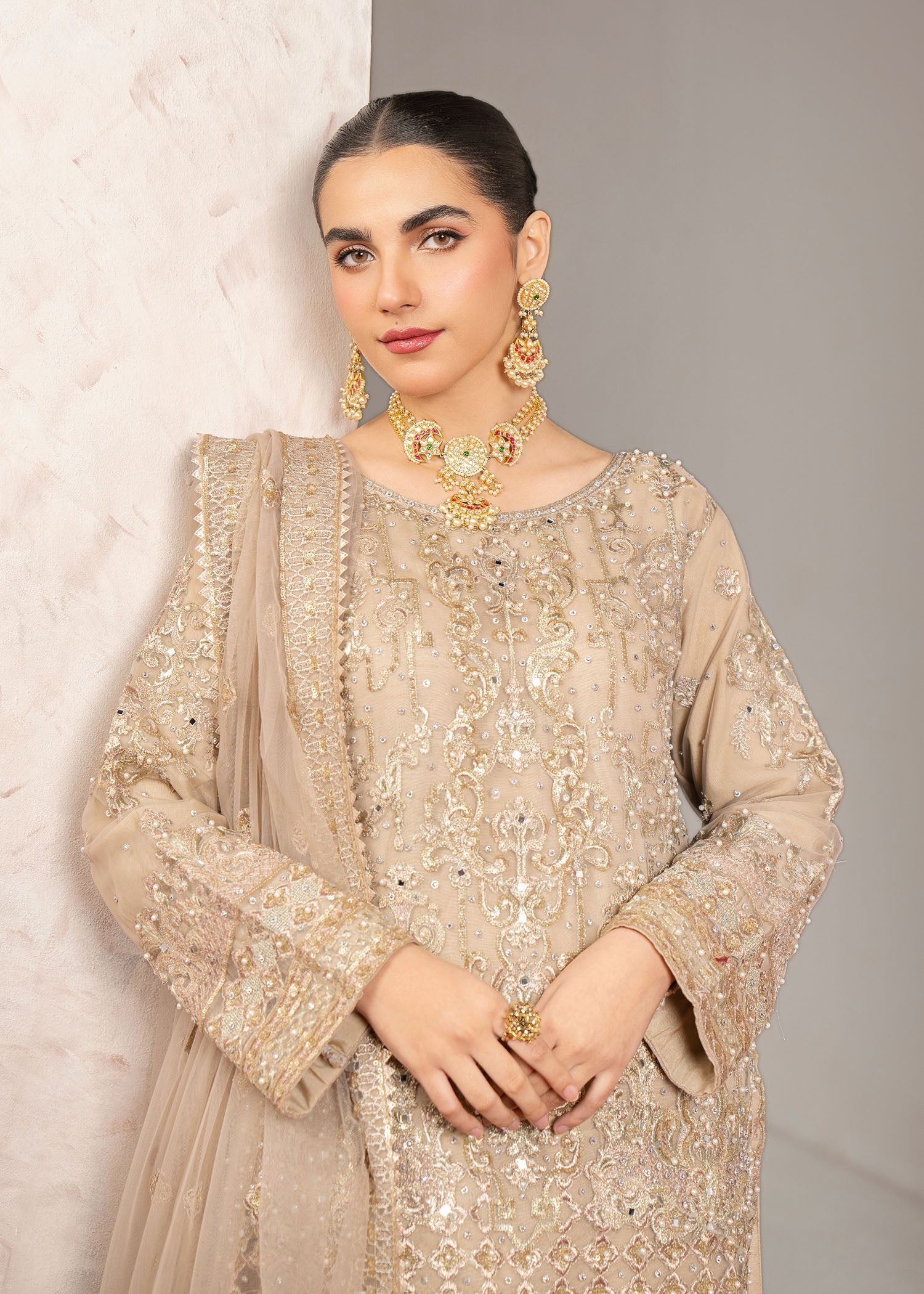 polyester net Kurta Set in Beige