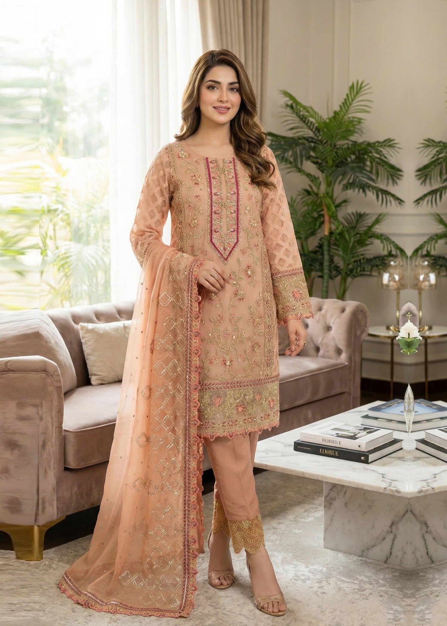 jacquard organza Kurta Set in Peach pink