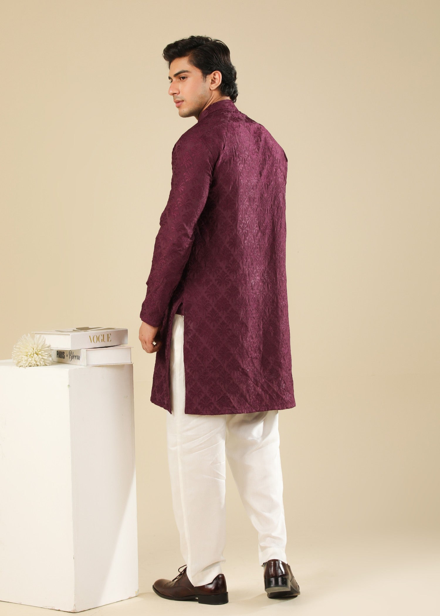 raw silk Kurta Set in Maroon, white