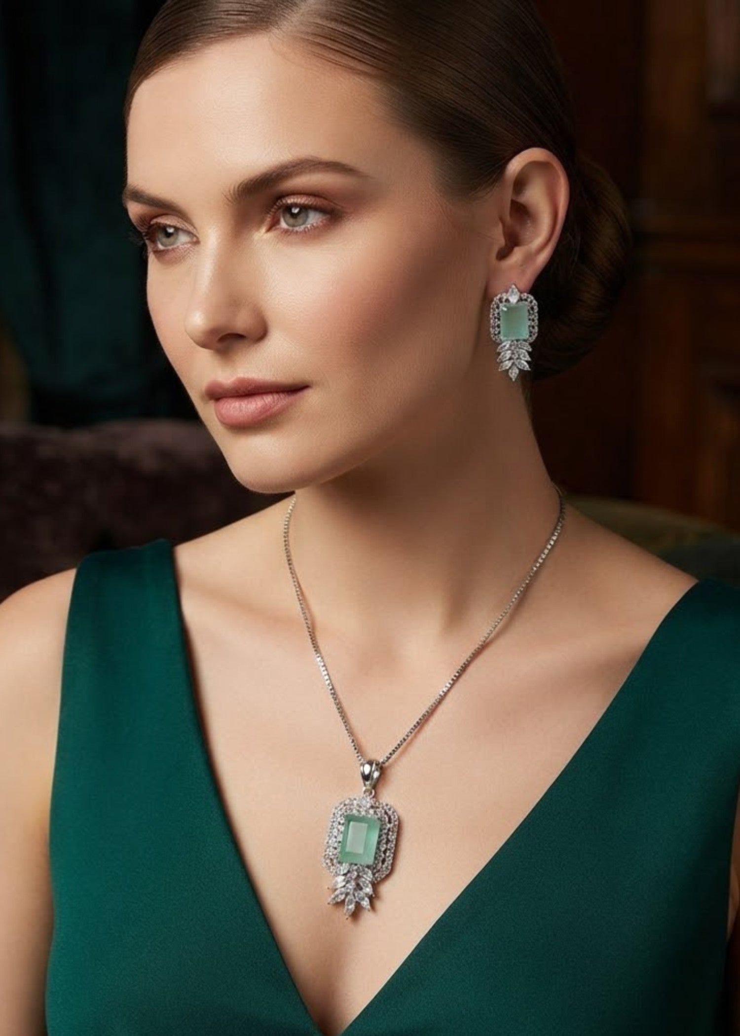 Jewelry Set in Silver, mint green Color by - Trendy Women Jewelry Set MLV1523