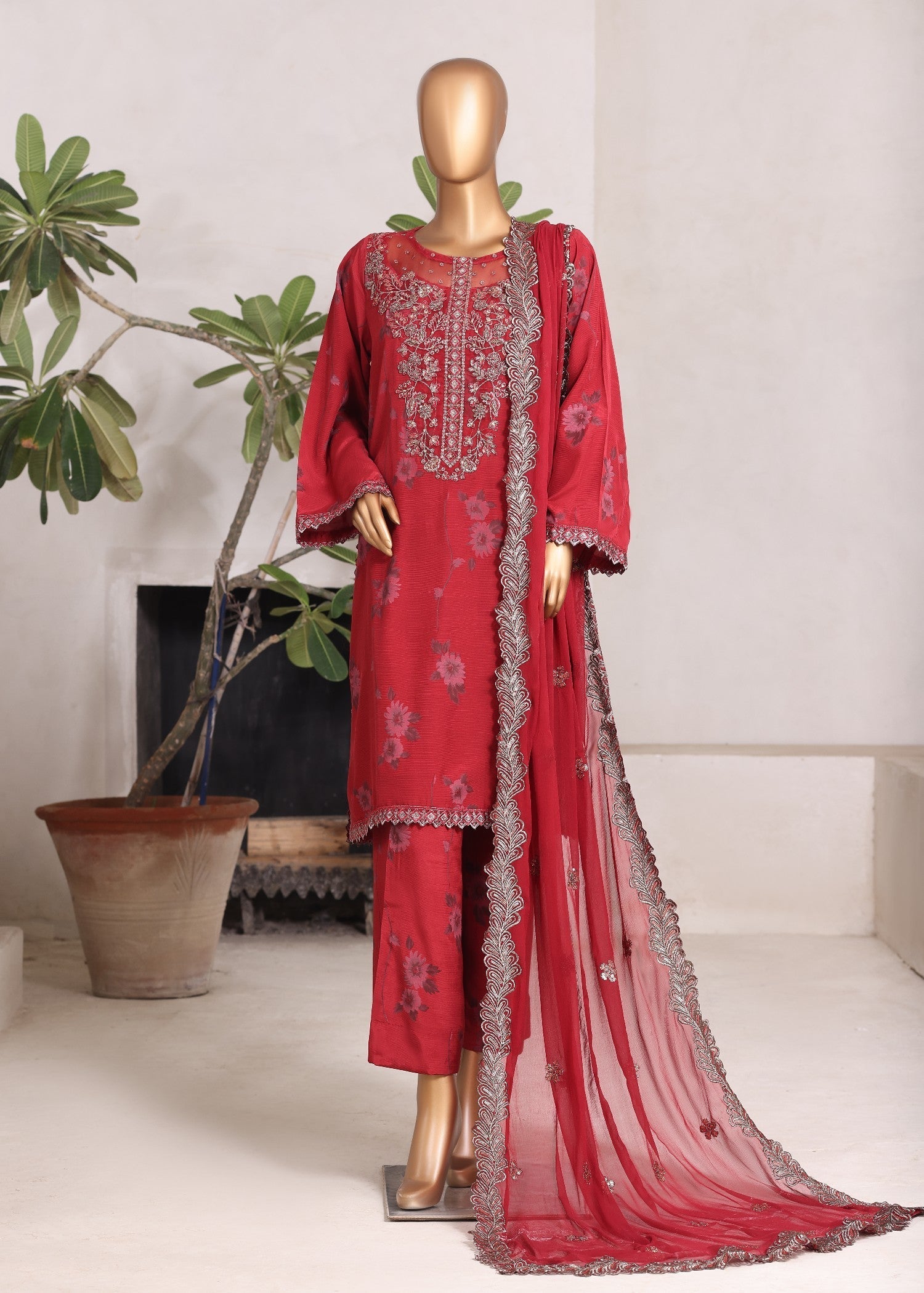 viscose raw silk Kurta Set in Fire red