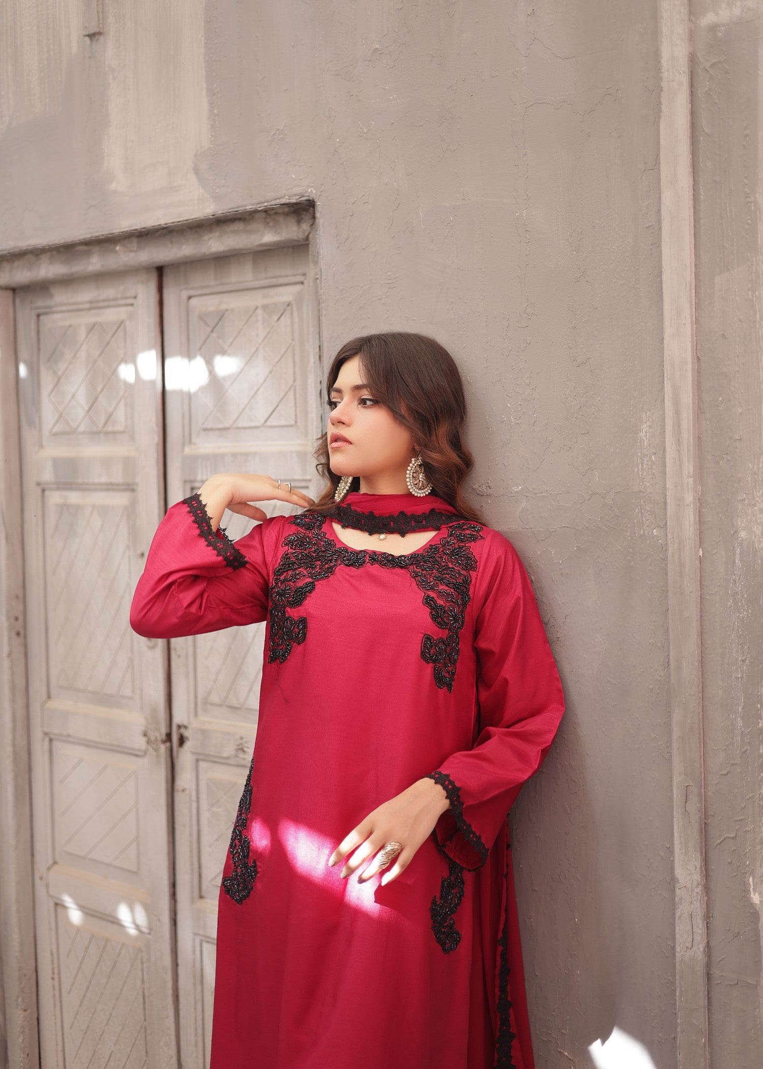 raw silk Kaftan in Cherry red