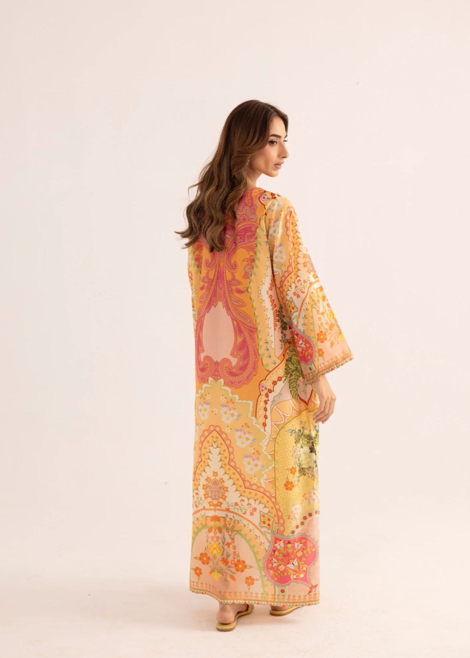 silk finish lawn Kaftan in Honey