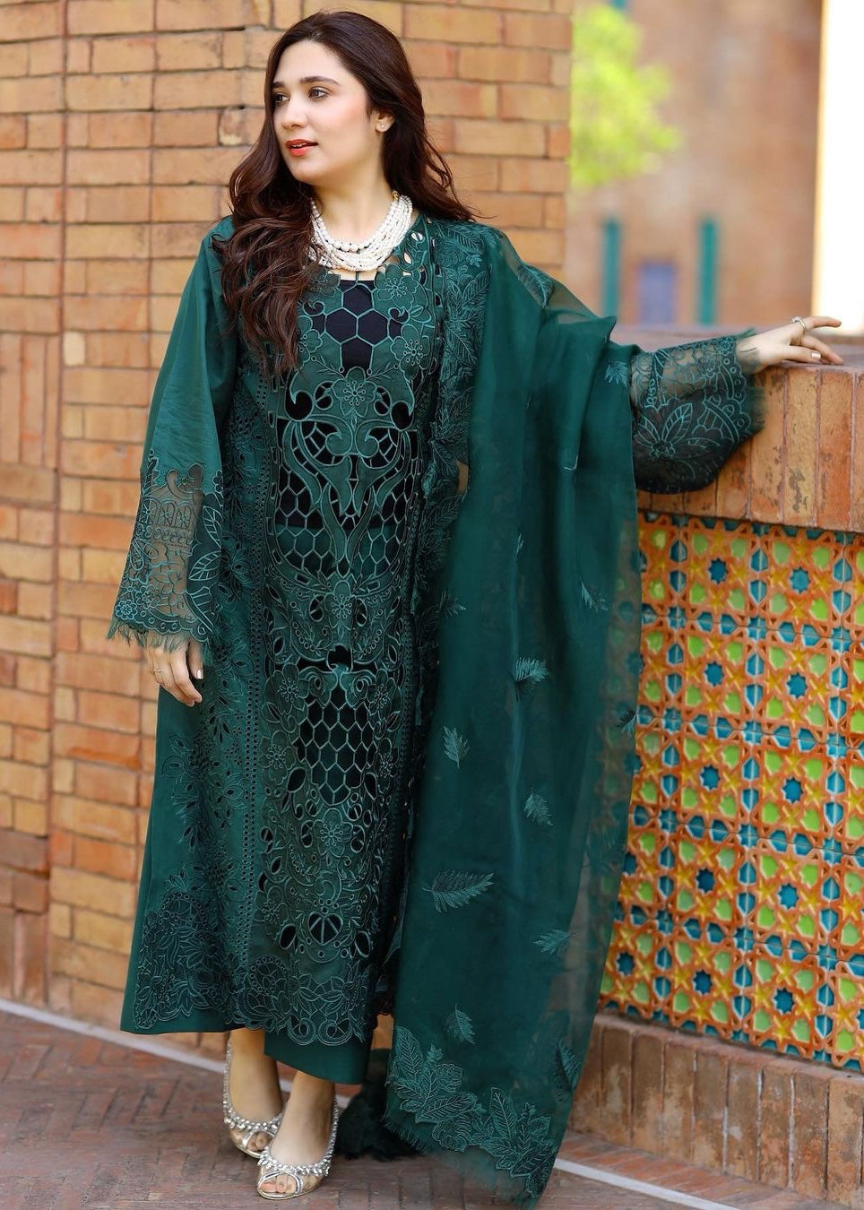 lawn Kurta Set in Bottle green