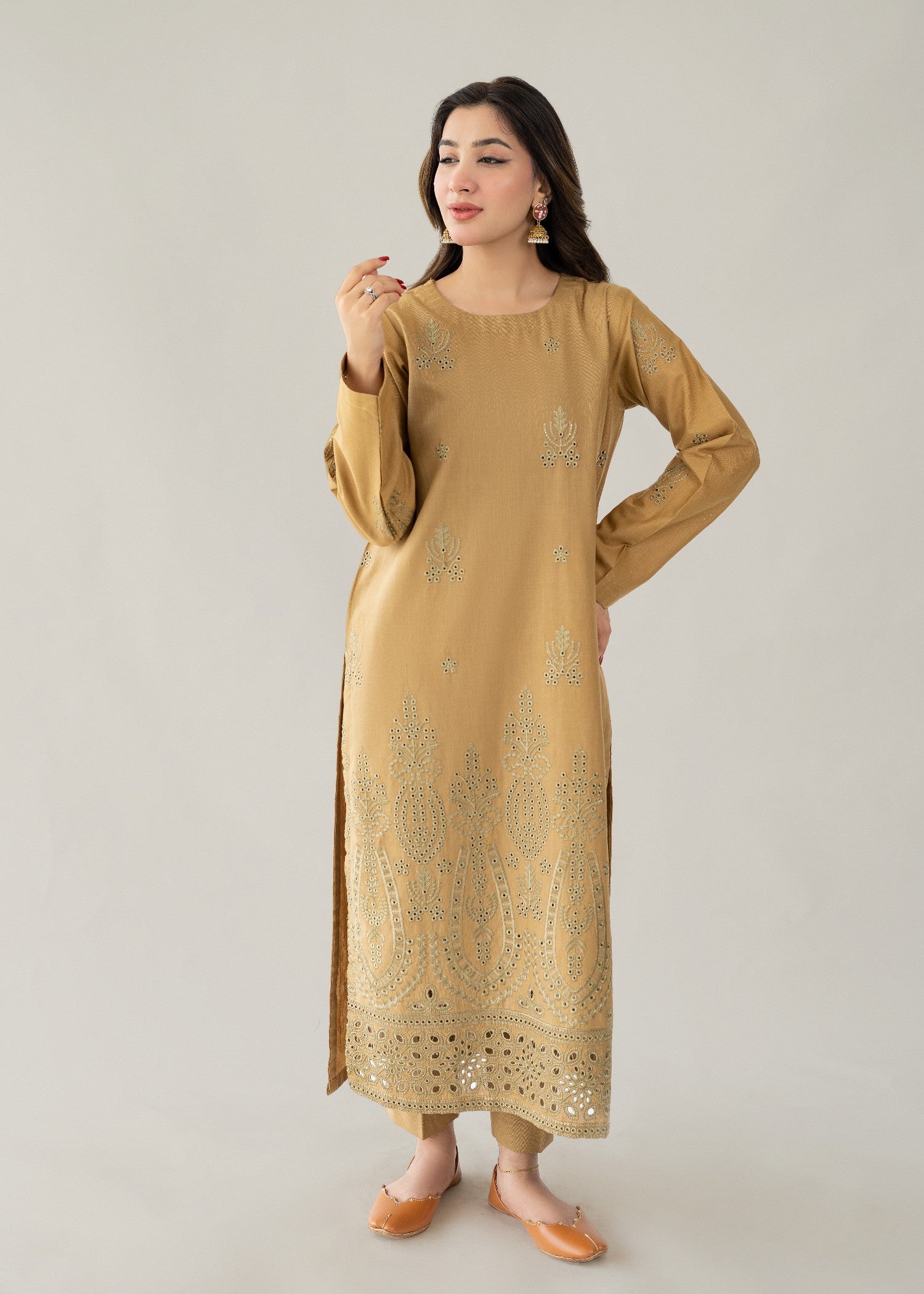 slub khaddar Kurta Set in Brown