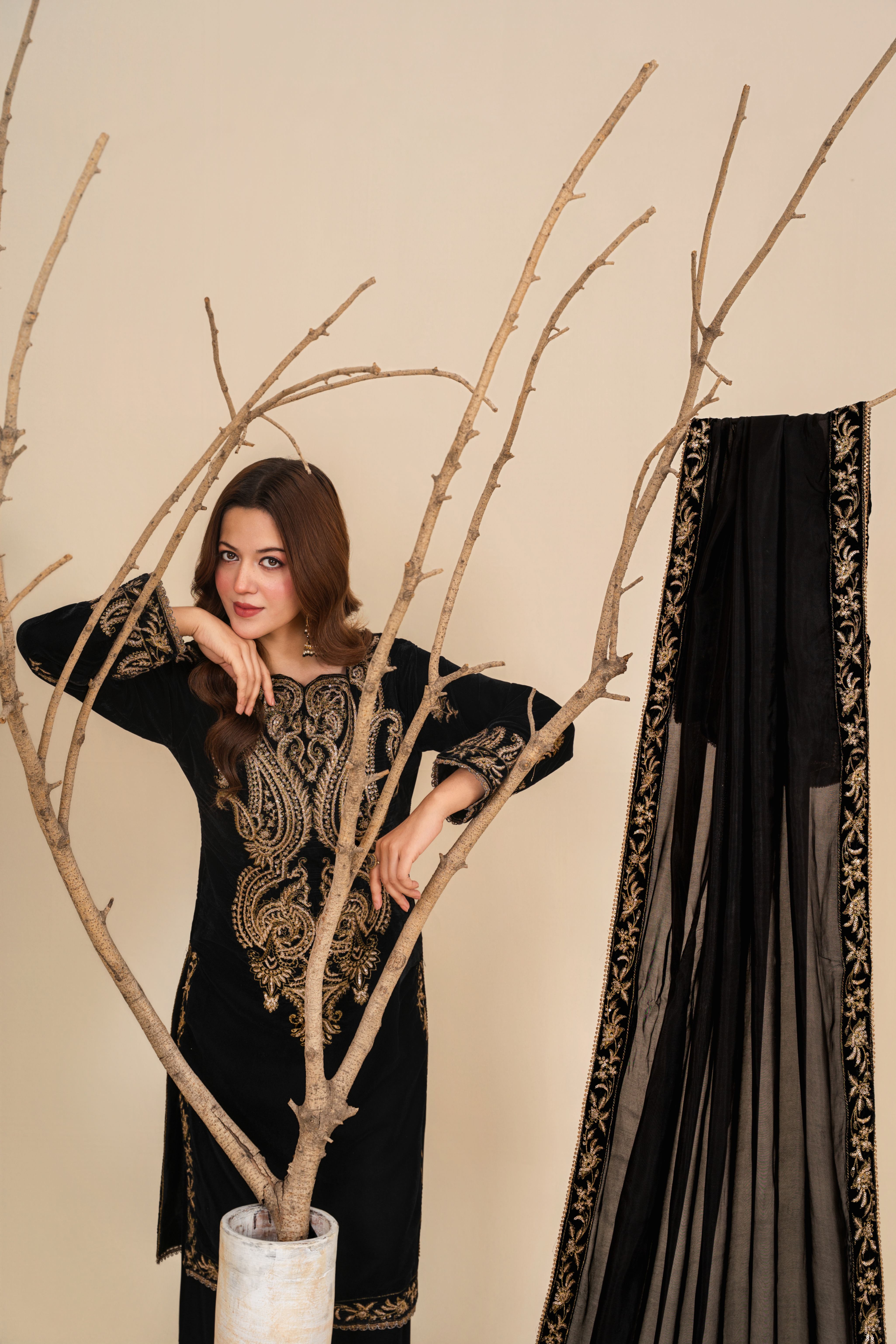 velvet Kurta Set in Jet black