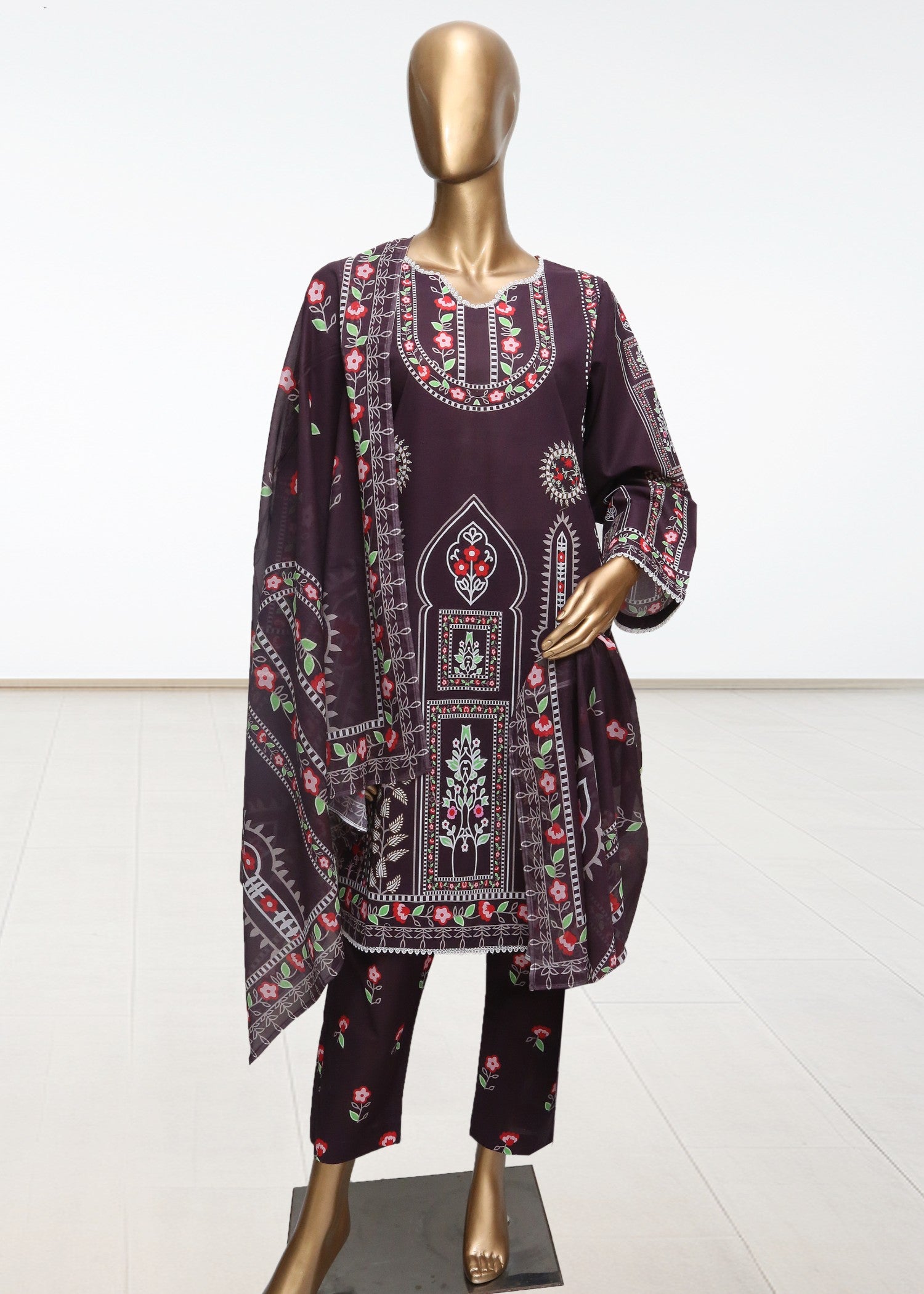 lawn Kurta Set in Espresso brown